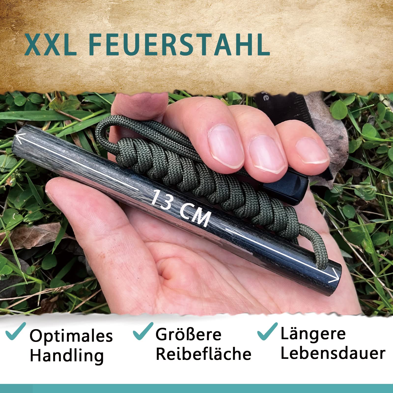 Juego de pedernal magnesio 13 cm 13 mm supervivencia iniciador fuego paracord rascador XXL