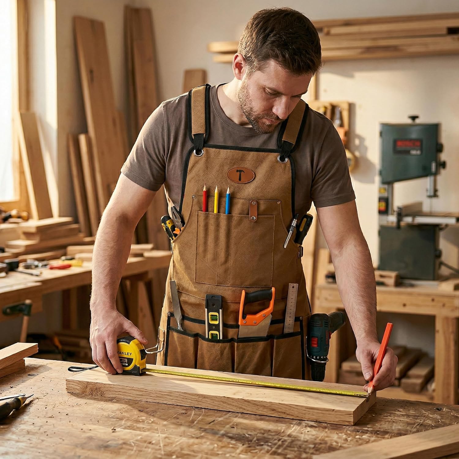 Woodworking Apron for Men, Waxed Canvas Work Apron with 12 Tool Pockets, 4 Stainless Steel Hangers, Heavy Duty Shop Apron for Carpenter, Woodworker, Workshop, Adjustable Fit