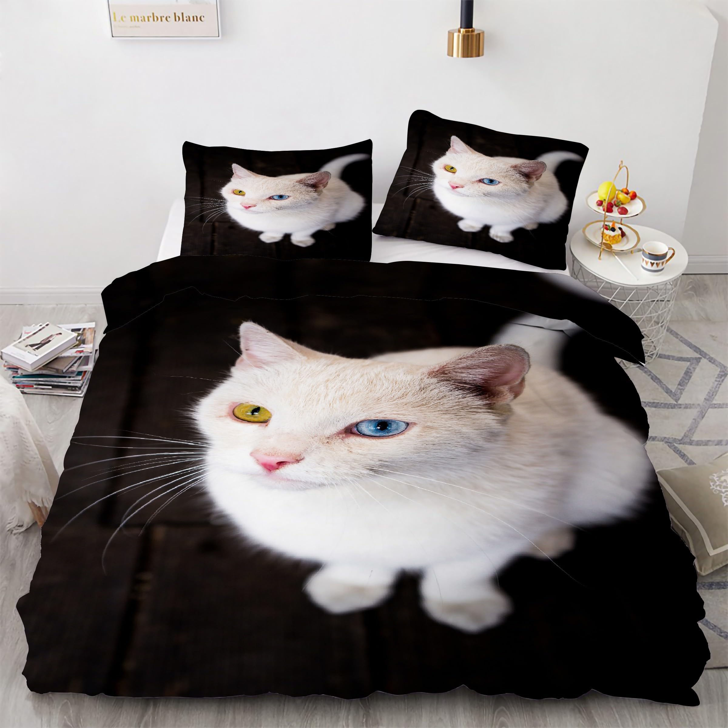 Parure de lit 90x190 chat persan avec housse de couette en microfibre et taies d'oreiller