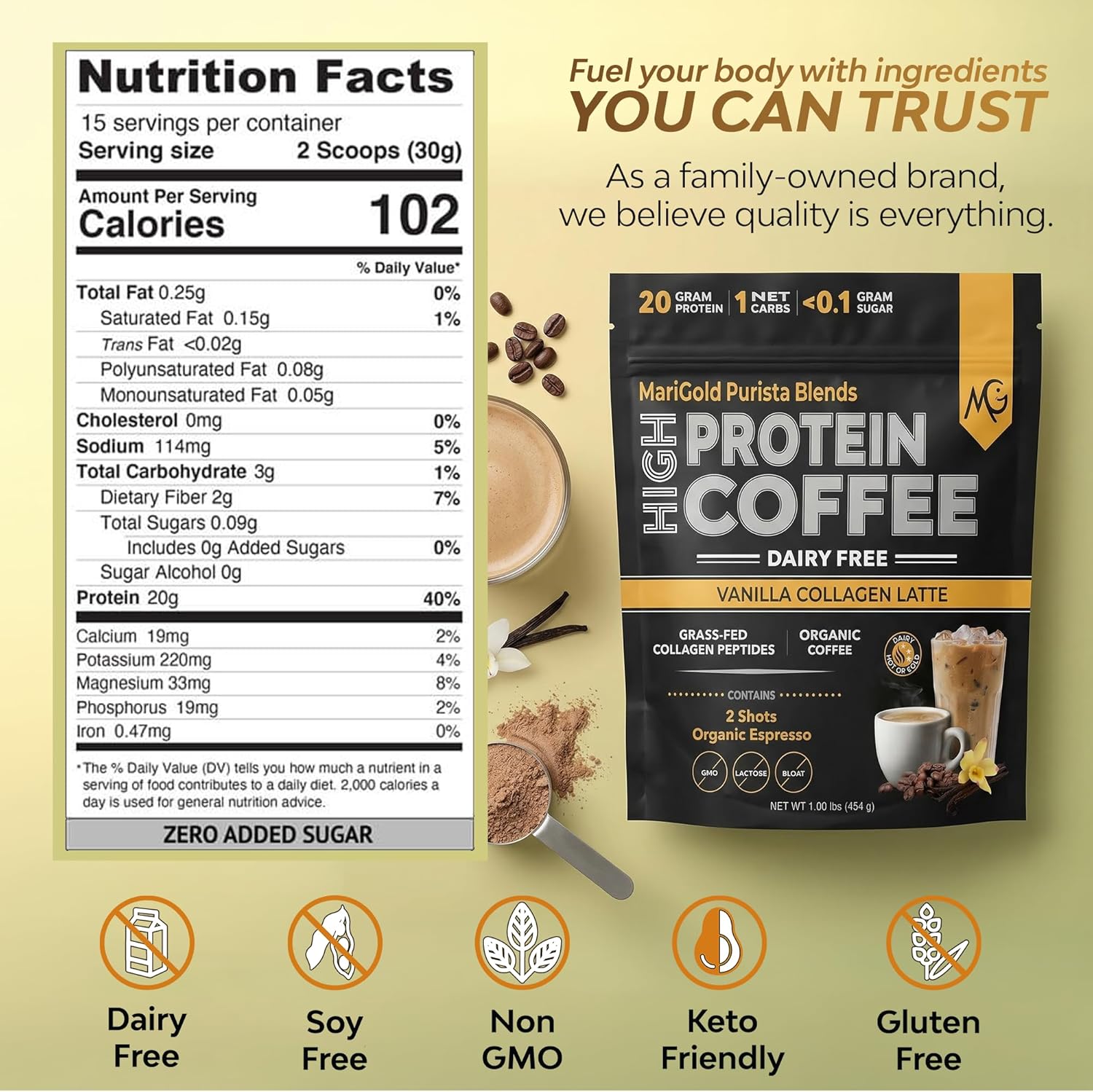 MariGold High Protein Collagen Coffee - Vanilla Collagen Latte, Dairy Free, 20g Grass-Fed Type I & III Collagen Peptides, Energy Boost, 2 Shots Organic Espresso, Non-GMO, 1 Lb Bag, 15 Servings