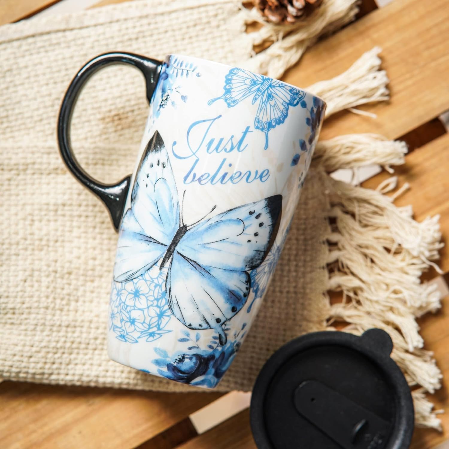 Topadorn Ceramic Travel Mug Coffee Cup with Lid and Matching Box, 17oz Microwave & Dishwasher Safe Coffee Tumbler, Butterfly - Image 4