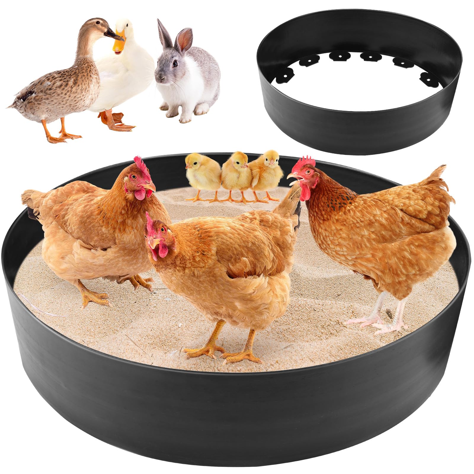 Bañera de polvo de pollo, 40 pulgadas de profundidad x 5.9 pulgadas de alto, diseño sin fondo, material de polietileno, baño de polvo ajustable para pollos, recipiente limpiador de gallineros,