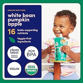 Cerebelly Organic Baby Food Pouches, White Bean Pumpkin Apple Purees, 16 Nutrients, No Added Sugar, Fiber & Non-GMO, 4oz, 12 Pack