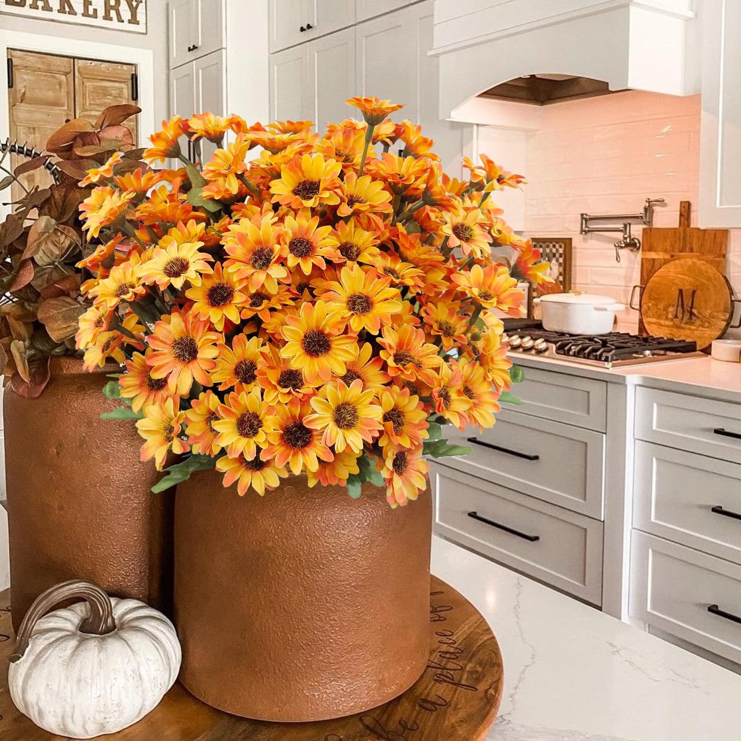 10 Bundles Artificial Fall Flowers Fake Mums Outdoor No Fade Faux Silk Daisy Bulk Plants Flower Arrangements for Autumn Home Outside Porch Patio Farmhouse Garden Pots Planter Decor - Image 2