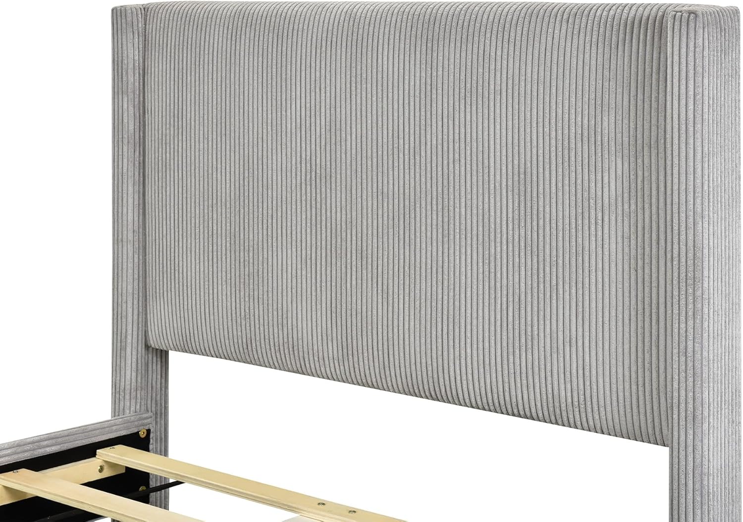 Better Home Products Corduroy Platform Twin Bed with Gold Metal Legs, Solid Wood Frame & Wing Back Headboard in Gray (Gray, Twin)