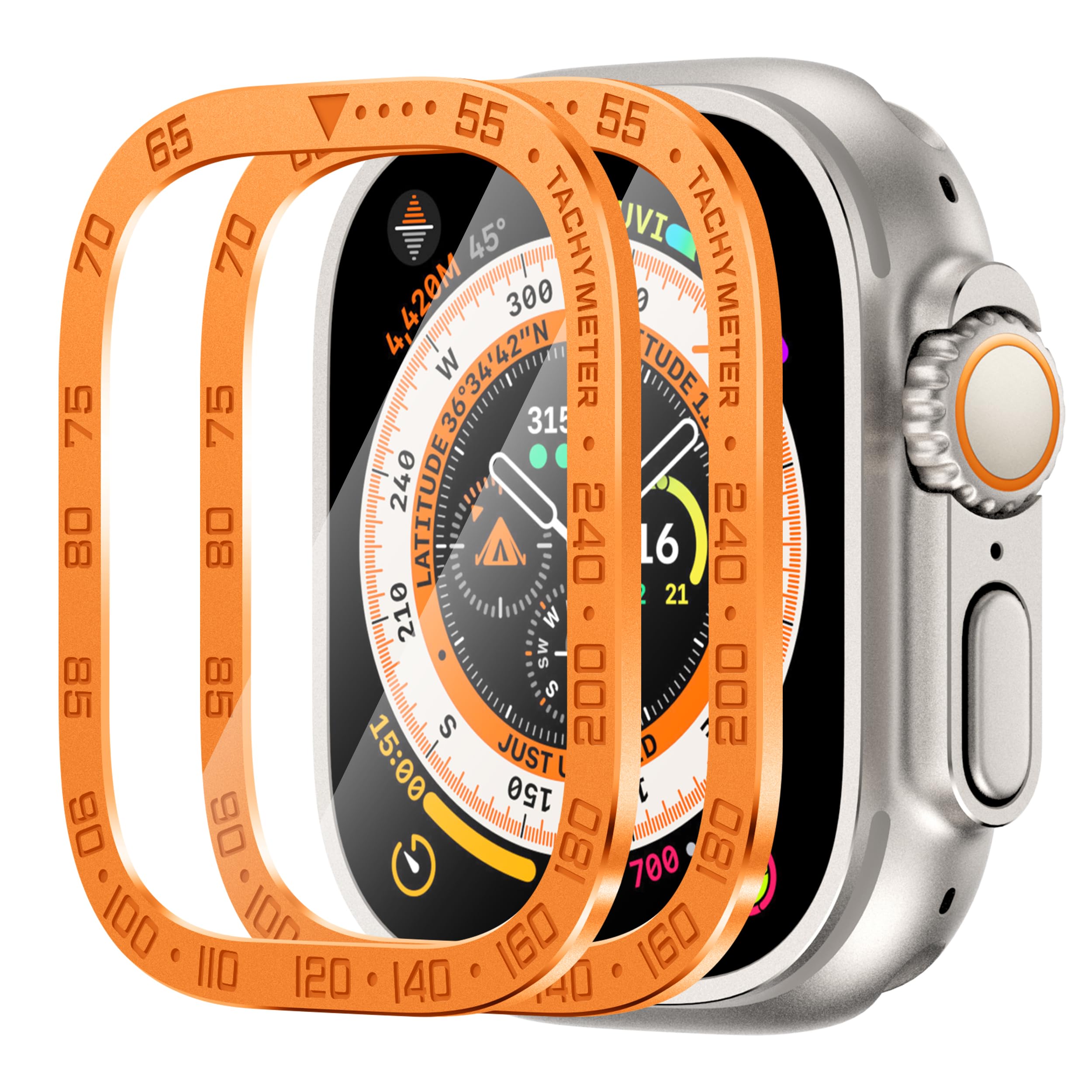 SWUU 2 Pack Panzerglas Schutzfolie mit Rahmen aus Titanlegierung, kompatibel mit Apple Watch Ultra 3 / Ultra 2 / Ultra Displayschutzfolie 49 mm, wasserdichte HD-Folie für iWatch Ultra S3, Orange