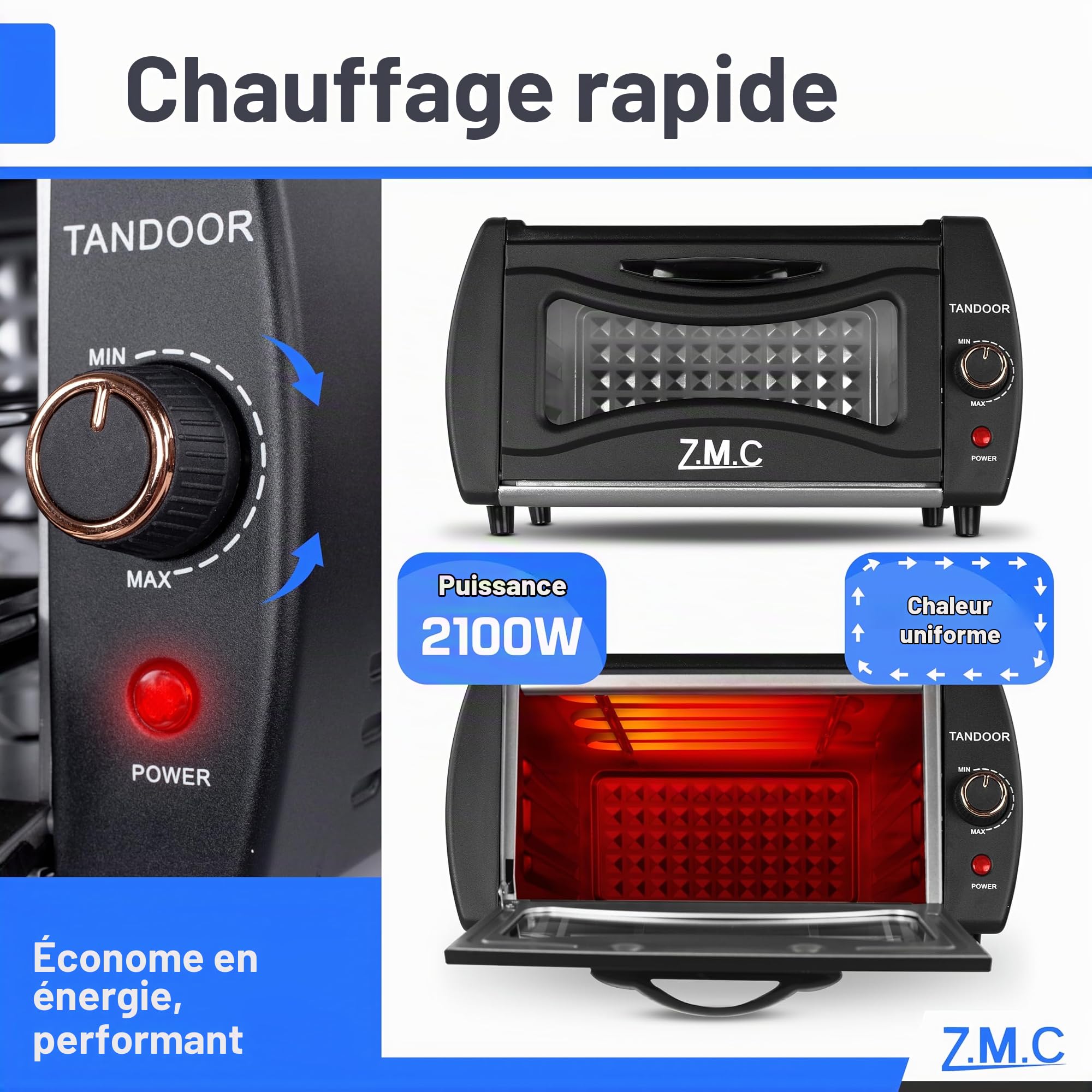 ZMC Mini Tandoor 2100W 22L - Mini four pour Lahmacun, Pizza, Naan et Pain. Comprend plaque de cuisson et grille de cuisson Compact, puissant, chauffe rapide, idéal pour des plats authentiques.
