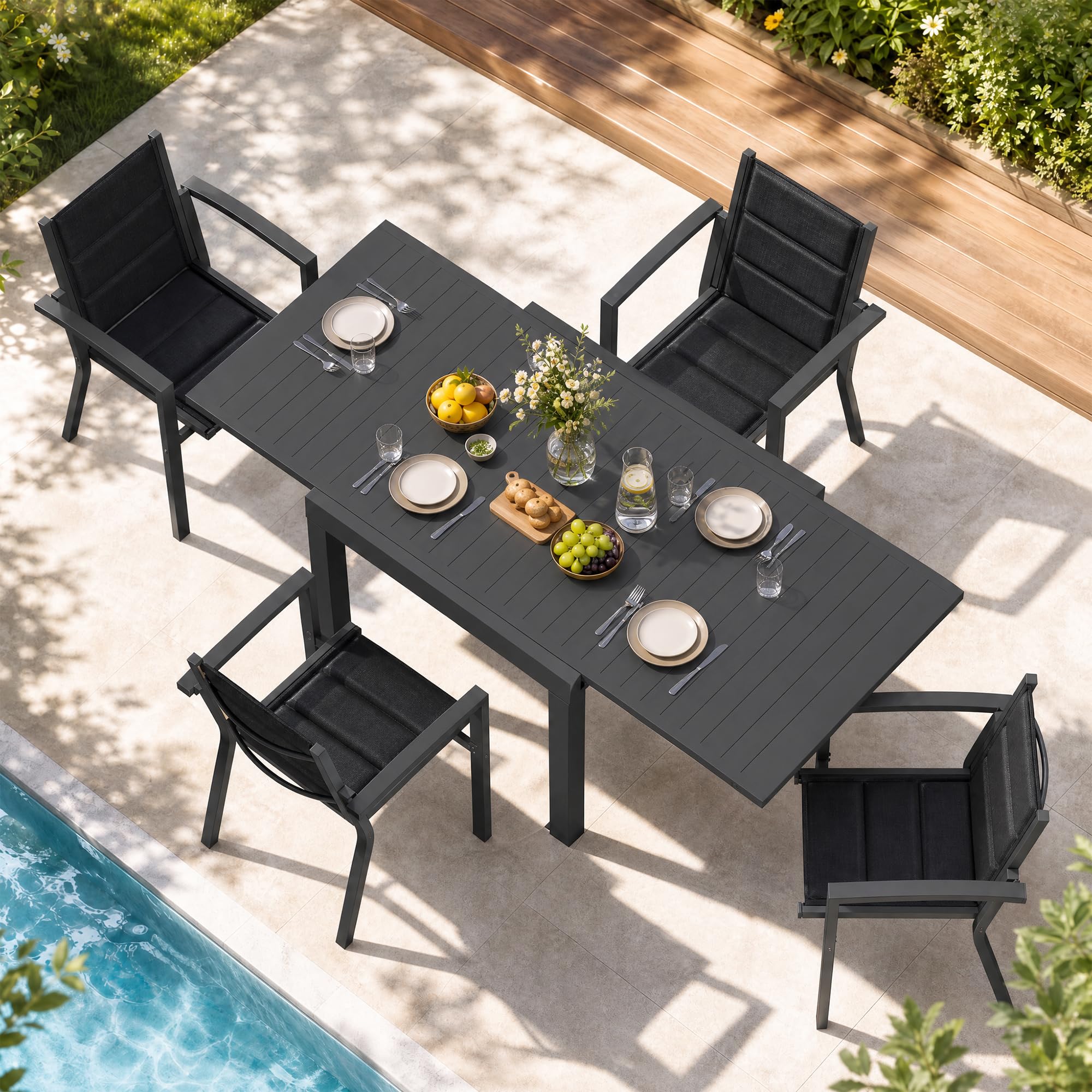 JUMMICO Gartenmöbel Set Aluminium Balkonmöbel Set Terrassenmöbel Gartentisch Ausziehbar 4 Stühle mit 1 Tisch, Gartenstühle Stapelbar und Leicht