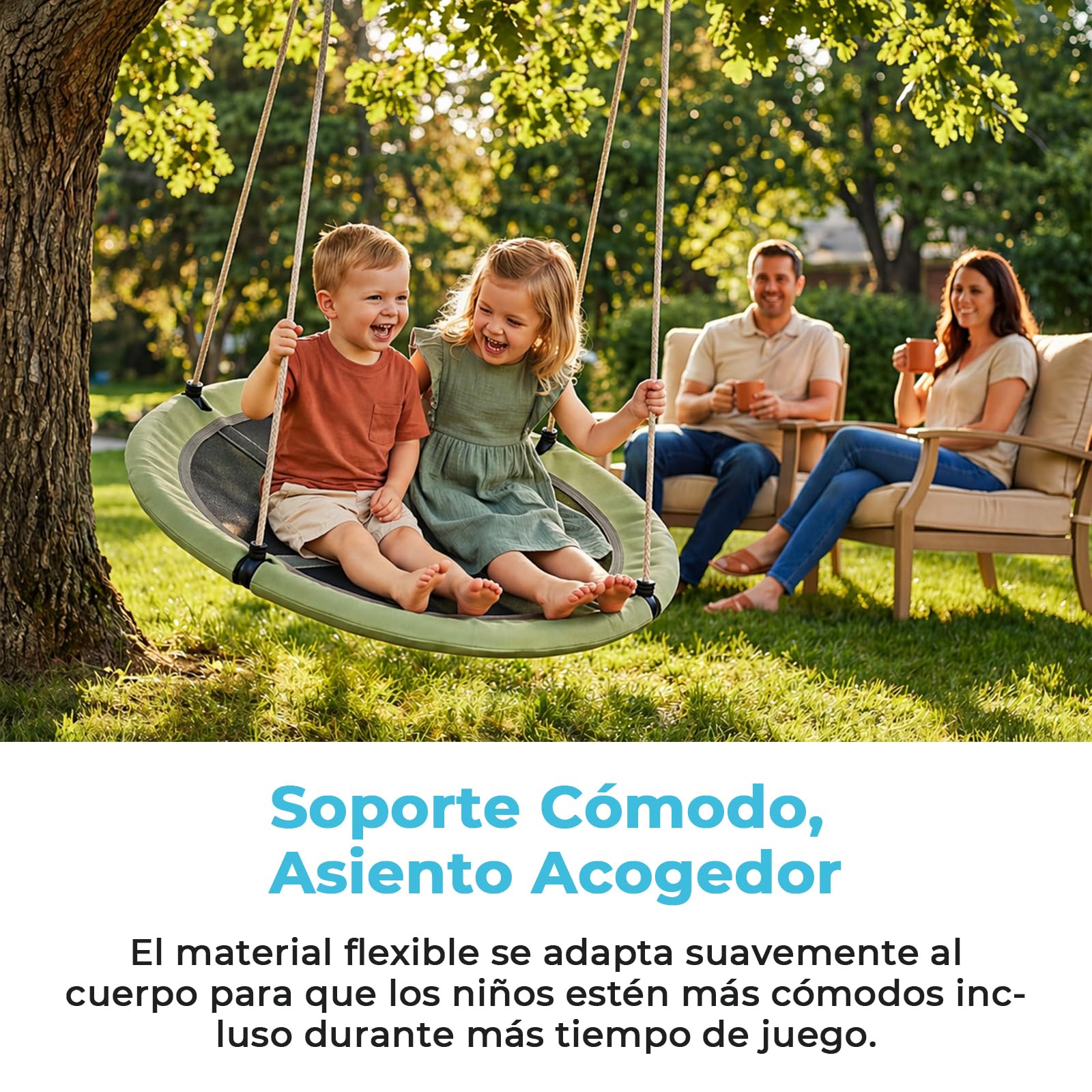 Nido de Columpio para Interior y Exterior, 120cm de Diámetro, Columpio Tipo Plato con Cuerdas Ajustables de 100 a 180cm, hasta 300kg, Resistente a la Intemperie, Columpio para Niños y Adultos
