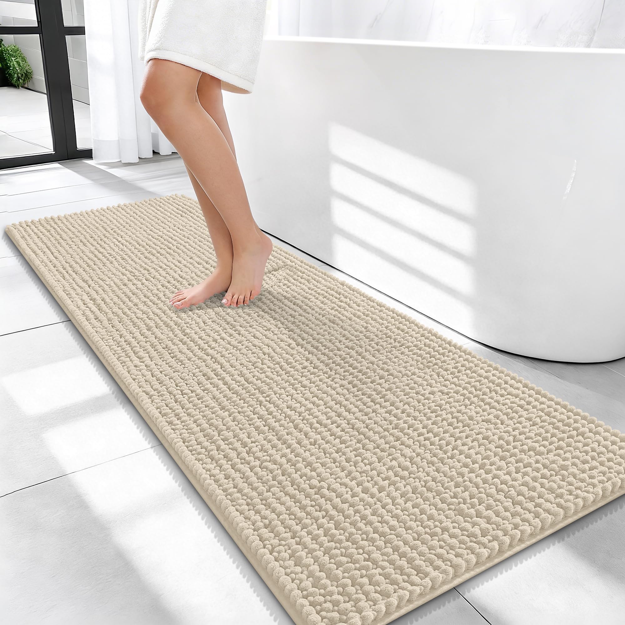 OLANLY Thick Chenille Bathroom Runner Rugs 47x20, Absorbent Bath Mat, Sand