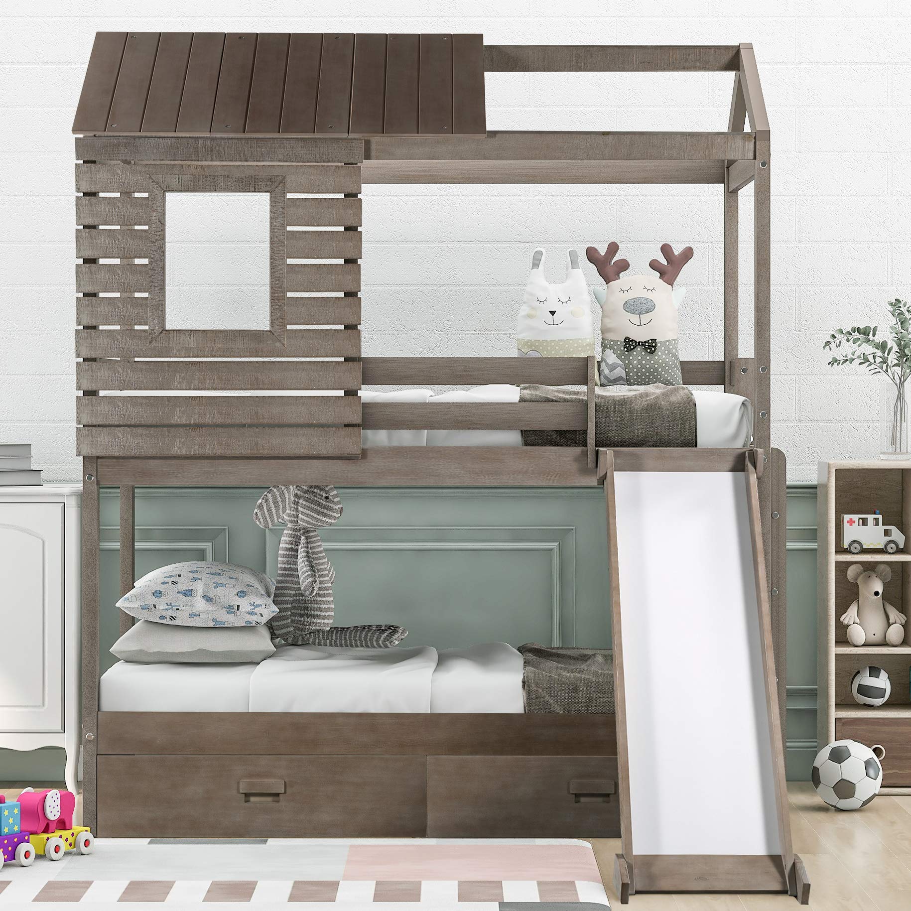 Buy Harper & Bright Designs House Bunk Beds, Wood Bunk Beds with Roof