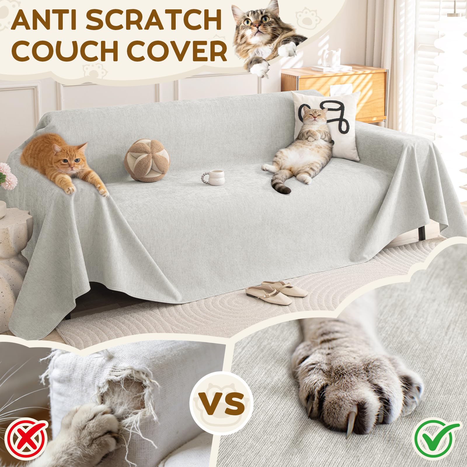 OstepDecor Funda de Sofá Impermeable 2 3 4 Plazas 180 x 340 cm, Cubre Sofá Chenilla Antigarras para Gatos, Protector de Sofá Anti-Manchas, Resistente al Desgaste, Fácil de Limpiar, Gris Claro