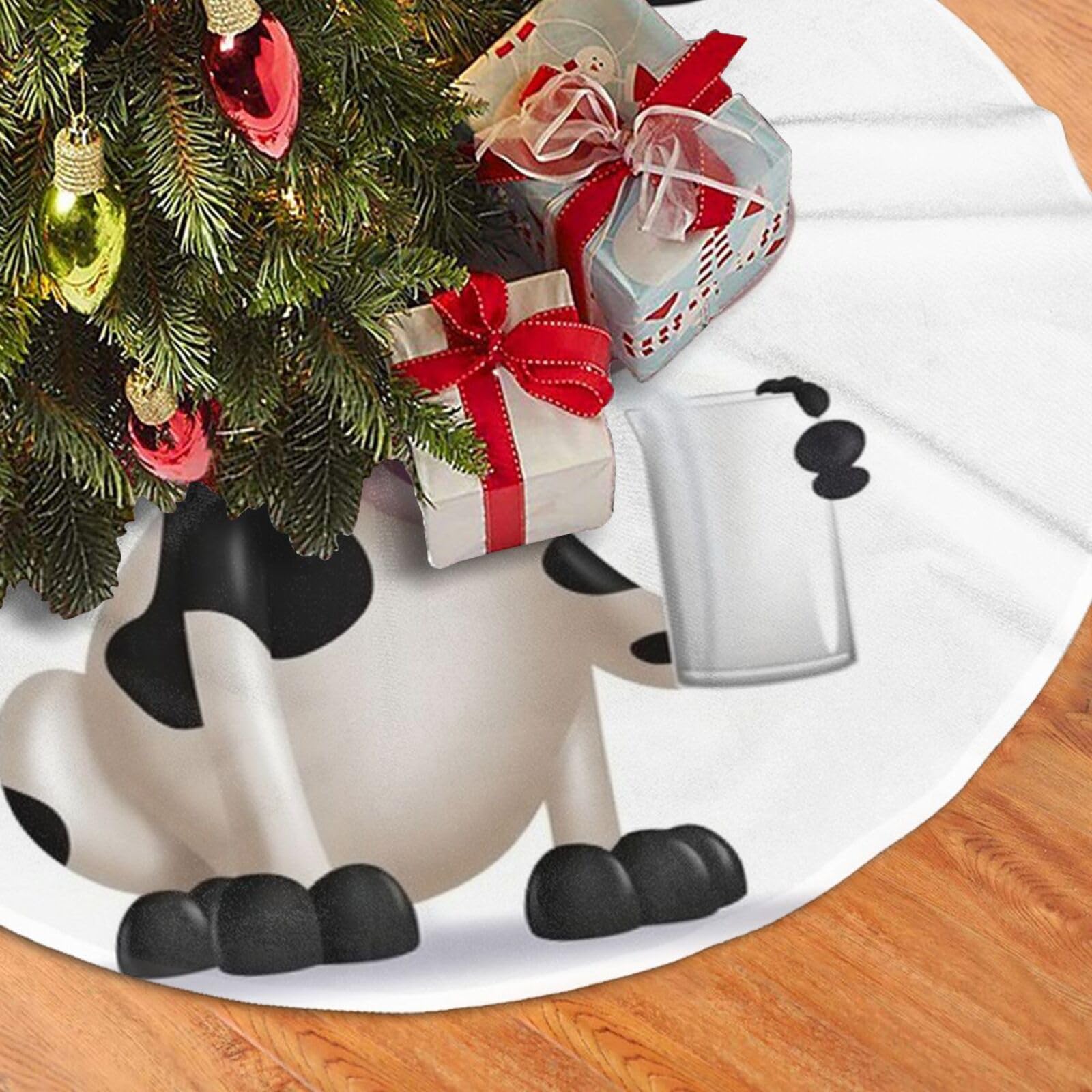 Fodpand Black Cartoon Milk Cow Christmas Tree Skirt 48" Velvet Xmas Tree Skirt Mat Rustic Christmas Tree Mat Cover Winter Xmas Tree Collar For Indoor Outdoor Christmas Decorations