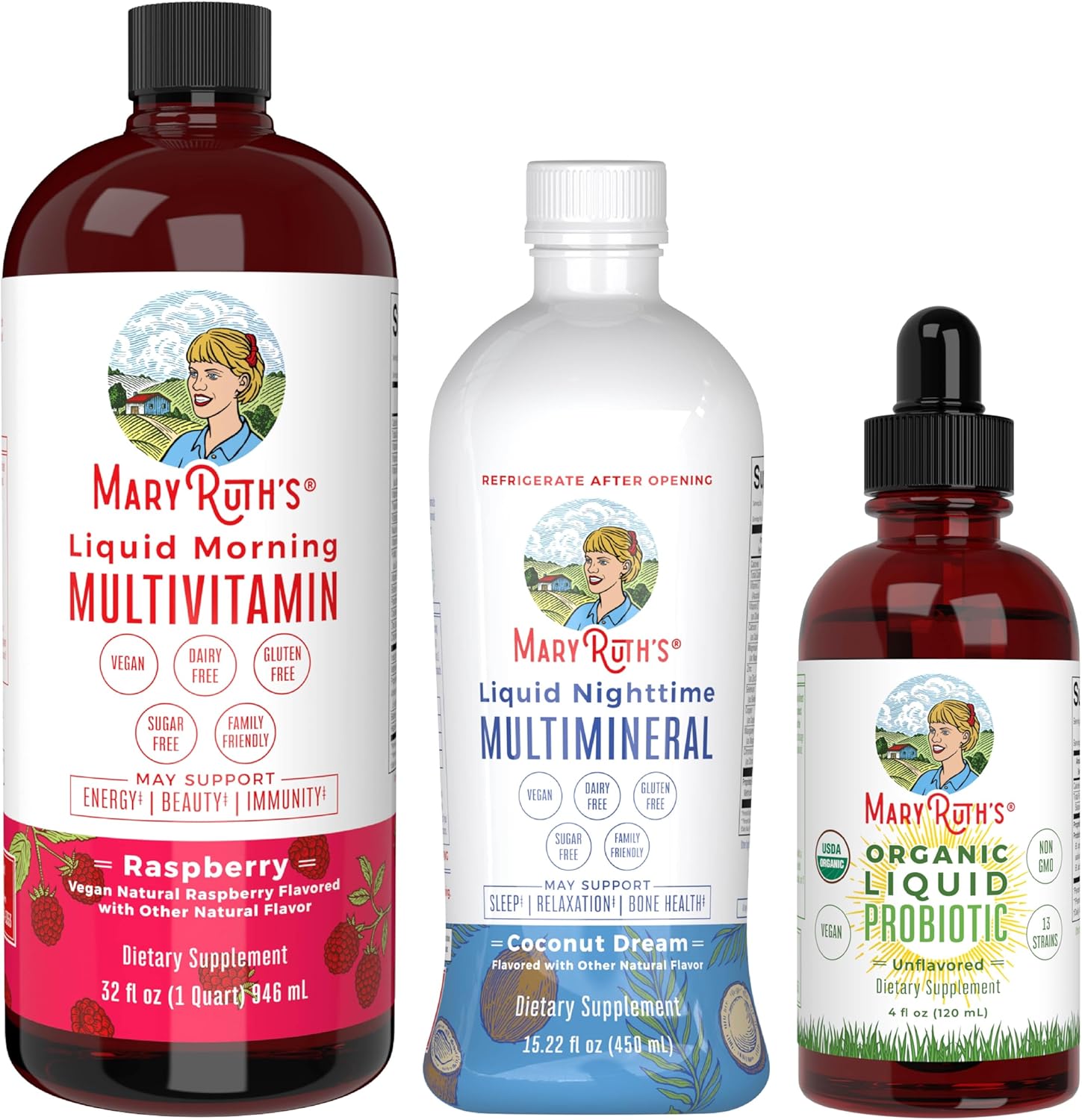 MaryRuth's Medium Triad of Health: Morning Multivitamin Raspberry (32oz), Nighttime Multimineral Coconut (15oz), & Probiotic Drops (4oz) | Vegan Vitamins for Bedtime, Beauty & Overall Health