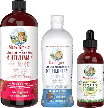 MARYRUTH'S Medium Triad of Health: Morning Multivitamin Raspberry (32oz), Nighttime Multimineral Coconut (15oz), Probiotic Drops (4oz) | Vegan Vitamins for Bedtime, Beauty & Overall Health