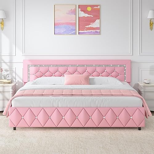 Miniatura 16 de HOMBCK Base de cama tamaño Queen con cabecera de diamante, cama tapizada de piel sintética con plataforma, base de colchón, no requiere somier,