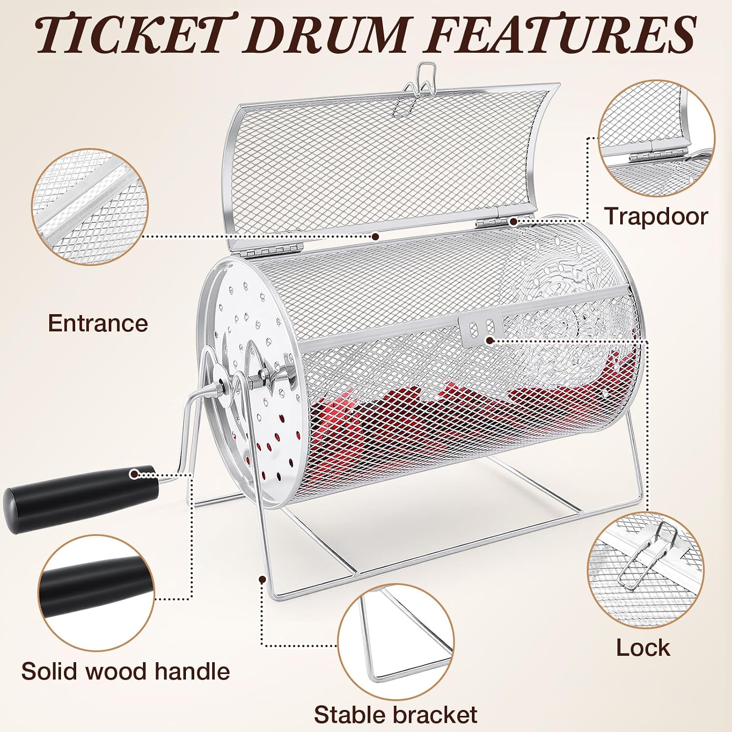 Teenyyou 7.09" X 4.72" Small Raffle Drum Upgraded Ticket Spinner Detachable Handle Holds 600 Tickets Raffle Wheel Spinner with Stand Drum Cage for Games Events(Silver)