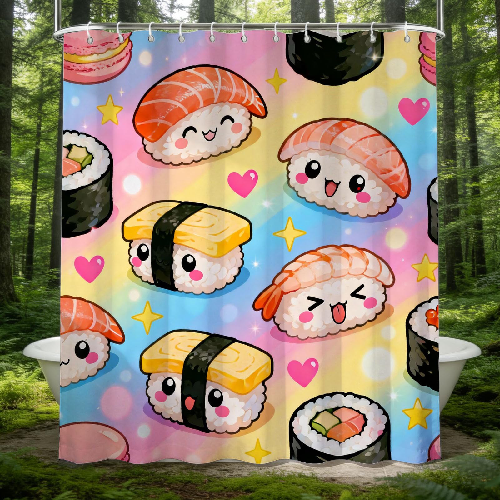 Hongduo White 3D Sushi Shower Curtain For Stalls Bathtubs Cute Lovely Bathroom Decor Shower Curtain Set Polyester Fabric Waterproof 120X180cm/48X71 Inch With Hooks