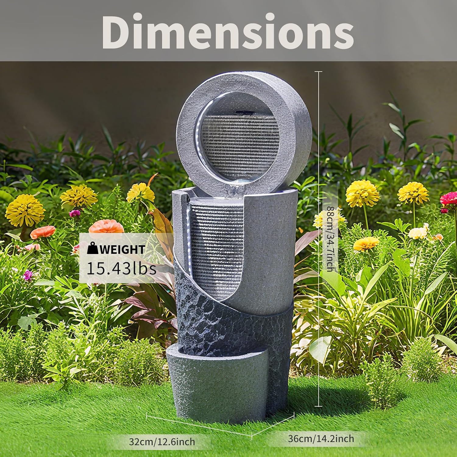 Modern Outdoor Water Fountain with LED Lights 3 Tier Cascading Outdoor Fountains and Waterfalls for Patio Balcony or Garden Decor 23.62 Inch Water Fountain Outdoor Clearance