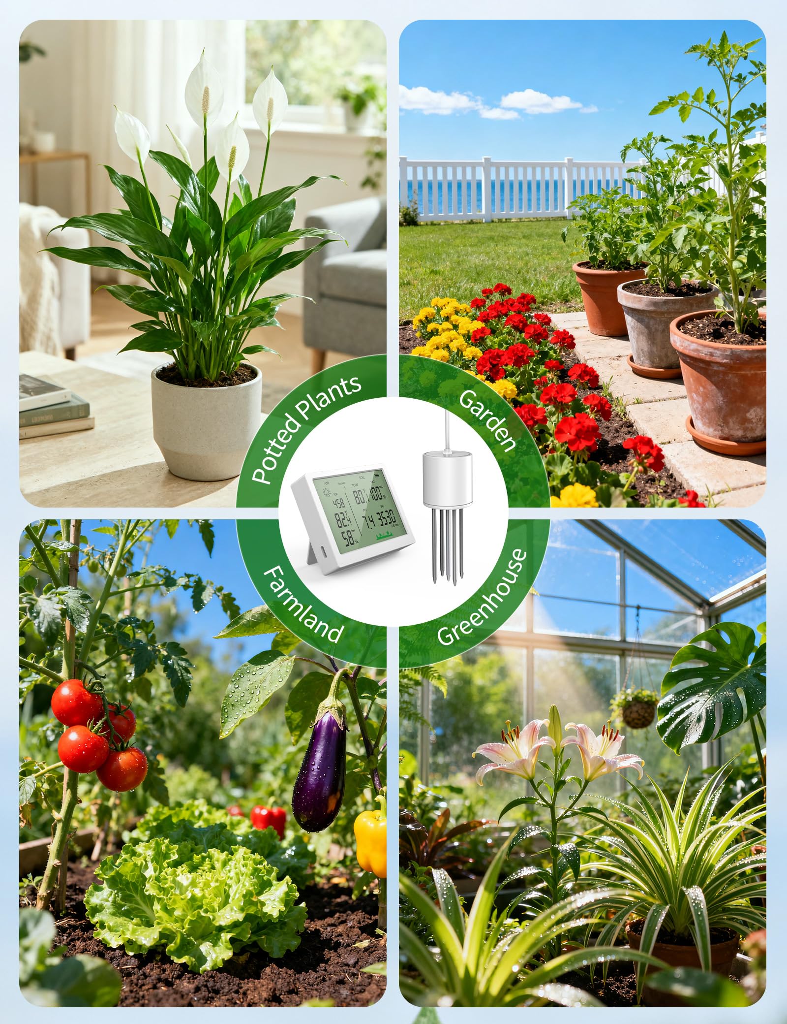 EXTSUD Testeur pH Sol -7 en 1 Thermometre de Sol Testeur pour Fertilité/pH/Température/Humidité/Lumière/Humidité Ambiante/Température Ambiante pour Pot de Fleurs Plante Jardin Ferme Cour