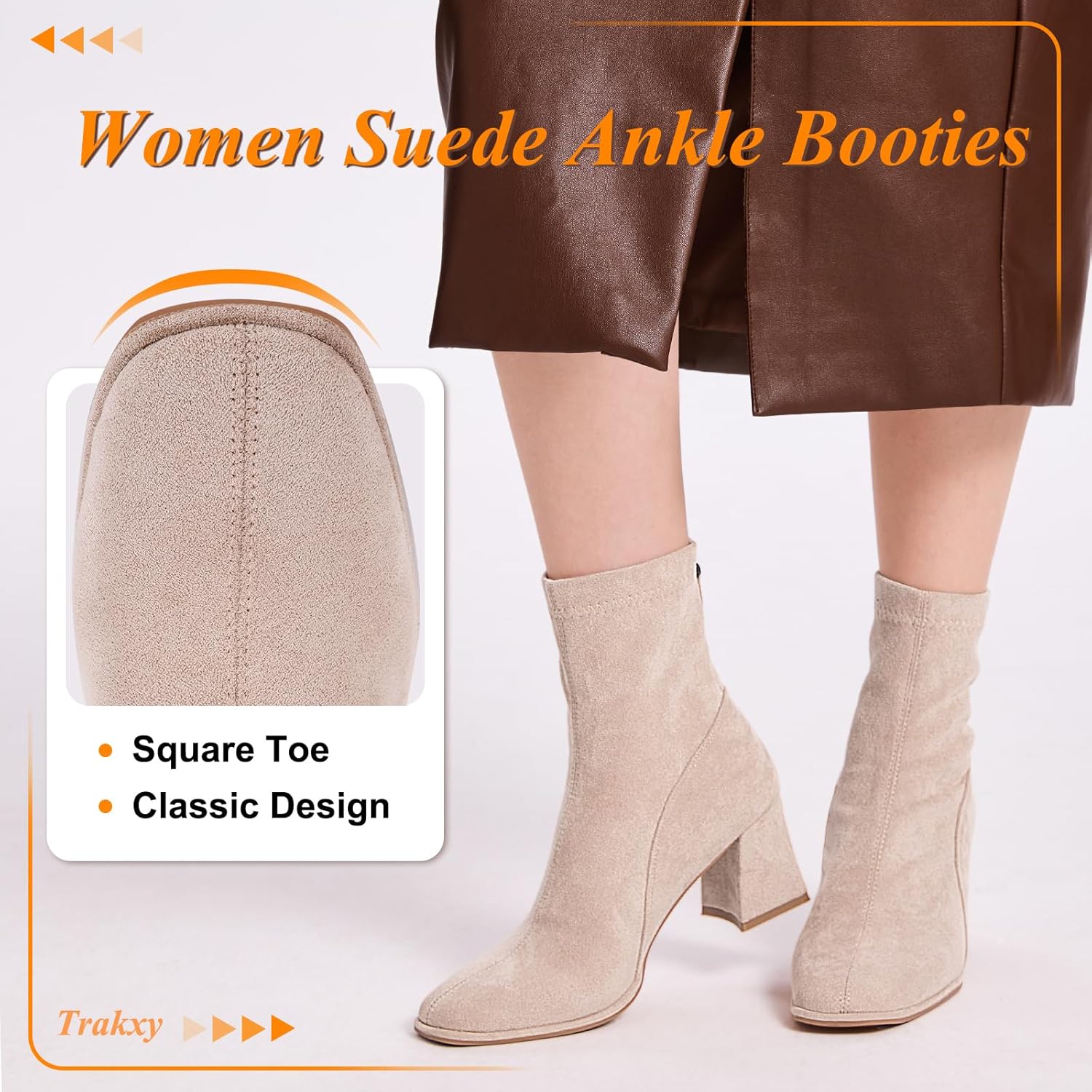 Trakxy Women's Square Toe Ankle Boots Faux Suede Low Block Heel Chelsea Boots Women Shoes - Image 3