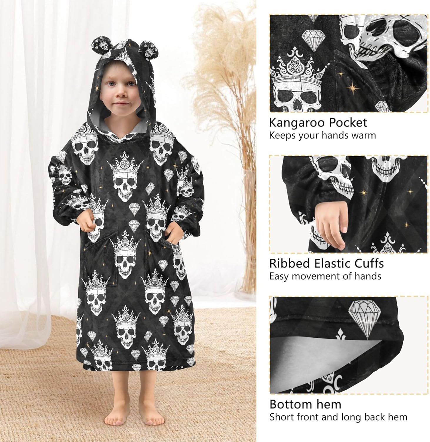 Skull Kids Wearable Blanket Hoodie with Pocket and Sleeves for Toddlers, Cute Hoodies 3-14 Year Girls Boys B0405387