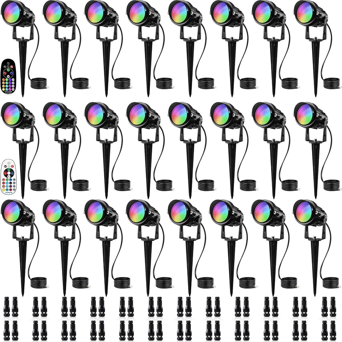 SUNVIE Paquete de 24 luces de paisaje de bajo voltaje RGBW para Halloween, iluminación LED que cambia de color con control remoto y conectores de cable, foco exterior impermeable AC/DC 12 V-24 V para jardín de patio | Foco LED al aire libre de Navidad con iluminación de paisaje cambiante de Color impermeable de 12V para jardín y casa