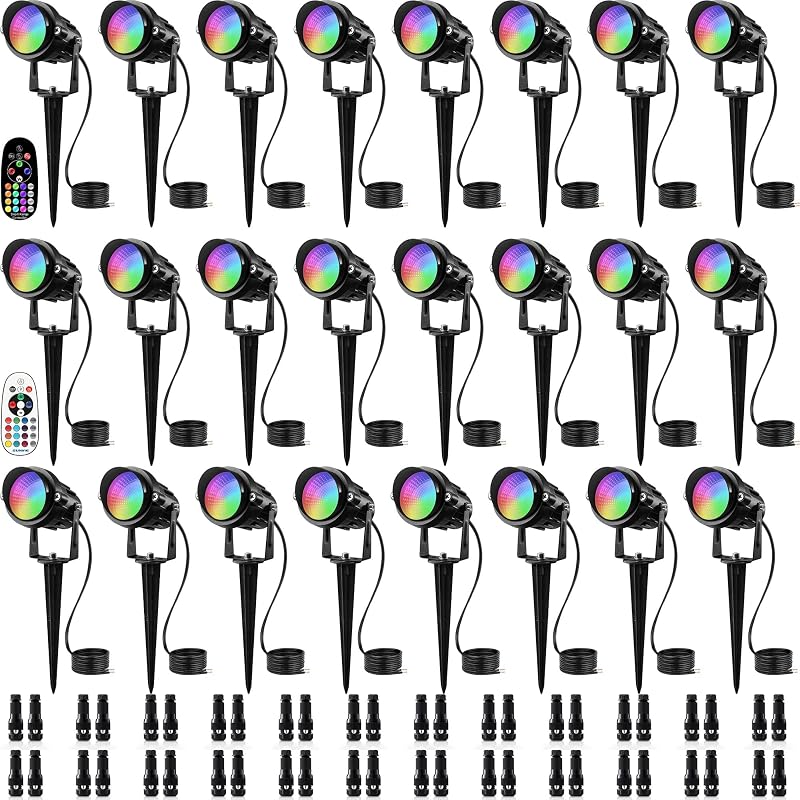 SUNVIE 24 Pack Halloween RGBW Low Voltage Landscape Lights LED Color Changing Landscape Lighting with Remote Control and Wire Connectors, AC/DC 12V-24V Waterproof Outdoor Spotlight for Yard Garden | 12V Waterproof Color Changing Landscape Lighting Christmas Outdoor LED Spotlight for Yard Garden House (Require Transformer)