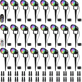 SUNVIE 24 Pack RGBW Low Voltage Landscape Lights with Remote Control, Waterproof Outdoor Spotlights for Yard and Garden