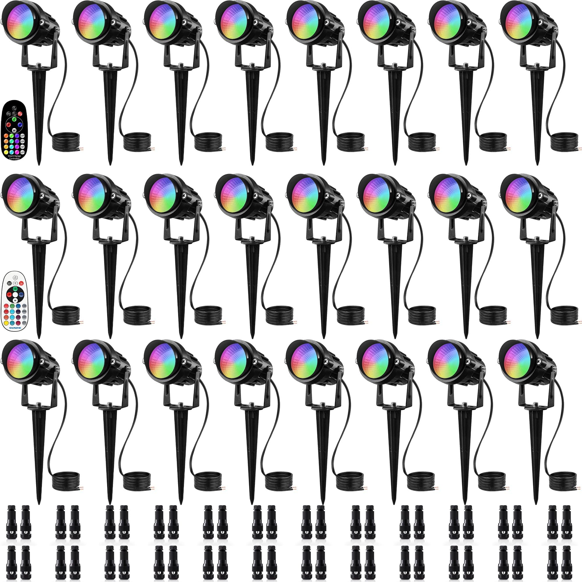 Photo 1 of SUNVIE 24 Pack Halloween RGBW Low Voltage Landscape Lights LED Color Changing Landscape Lighting with Remote Control and Wire Connectors, AC/DC 12V-24V Waterproof Outdoor Spotlight for Yard Garden