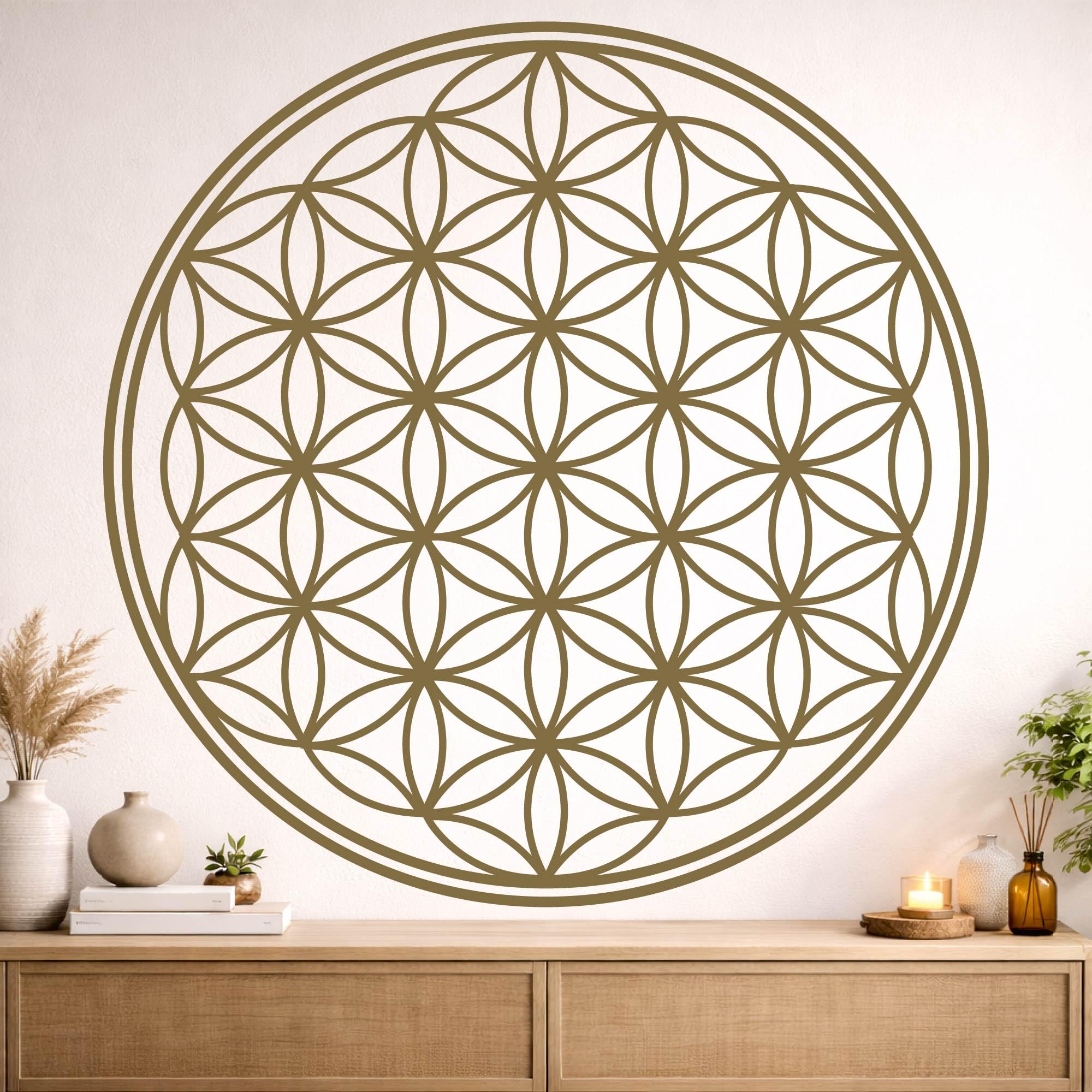 Blume des Lebens Wandtattoo - 115x115cm - Gold - Mandala - spirituelles Symbol - Wanddeko für Wohnzimmer Wandaufkleber Schlafzimmer Büro Meditation Yoga Raum