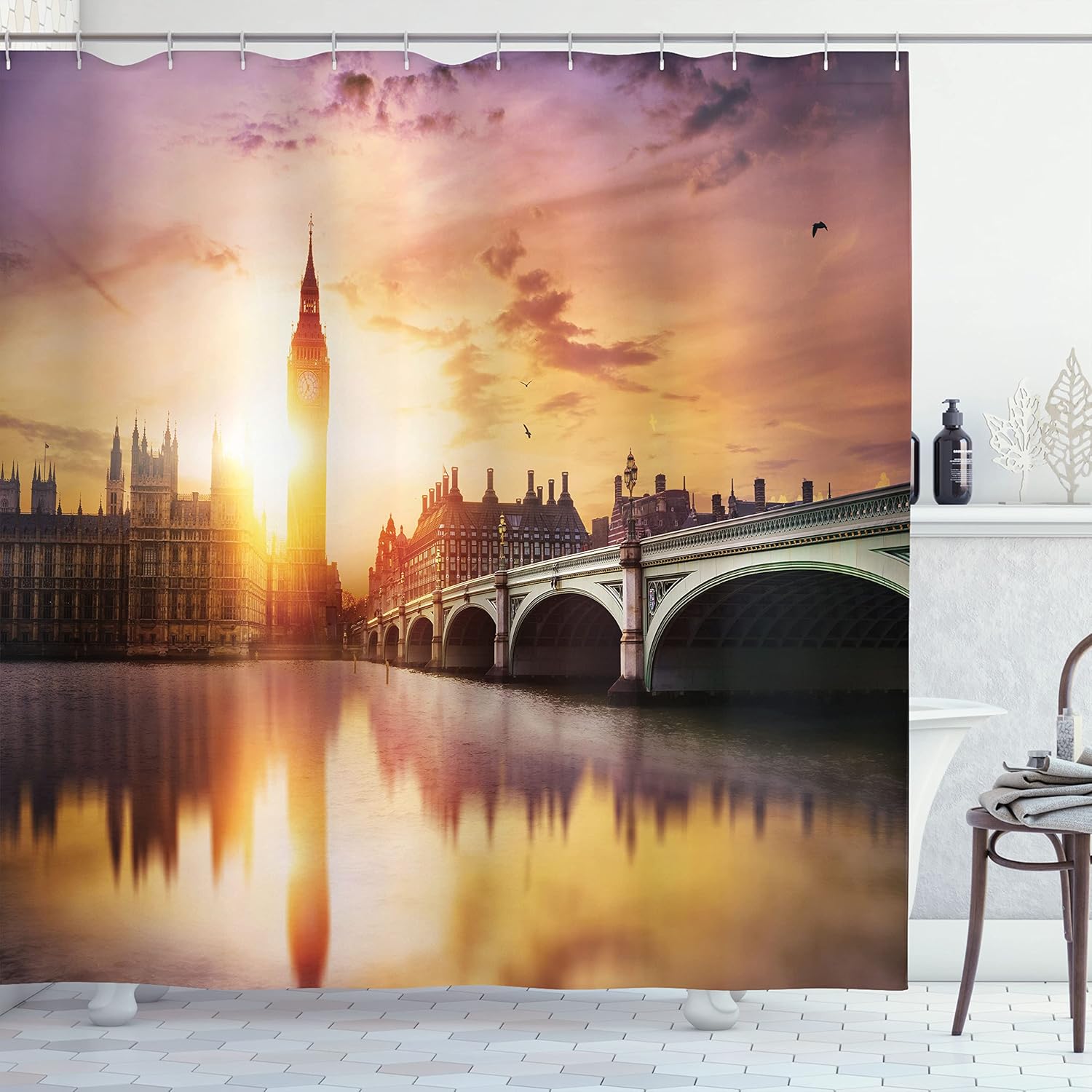 Ambesonne London Shower Curtain, Big Ben and Westminster Bridge at Dusk with Blurry River Reflection Image, Cloth Fabric Bathroom Decor Set with Hooks, 69" W x 70" L, Lilac Orange Ivory