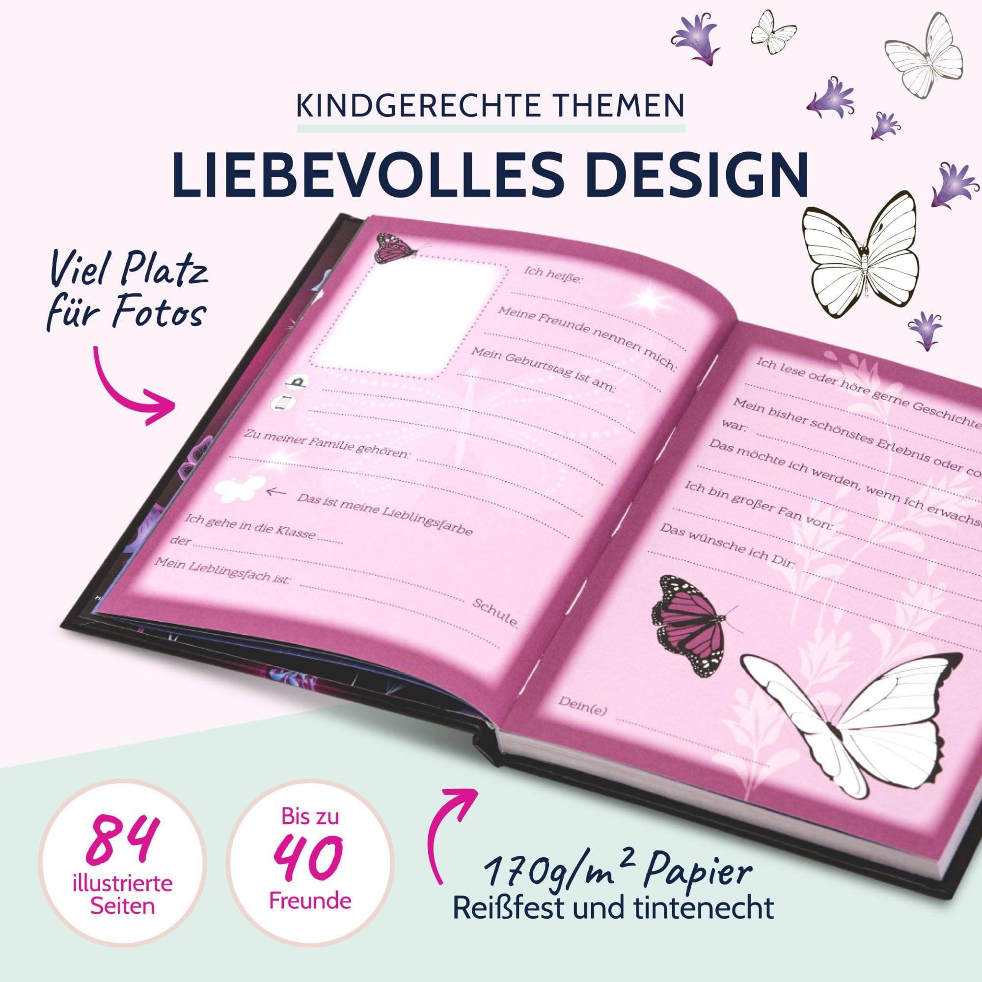 Goldbuch Livre d'amitié A5 88 pages Motif papillon Noir/rose/bleu