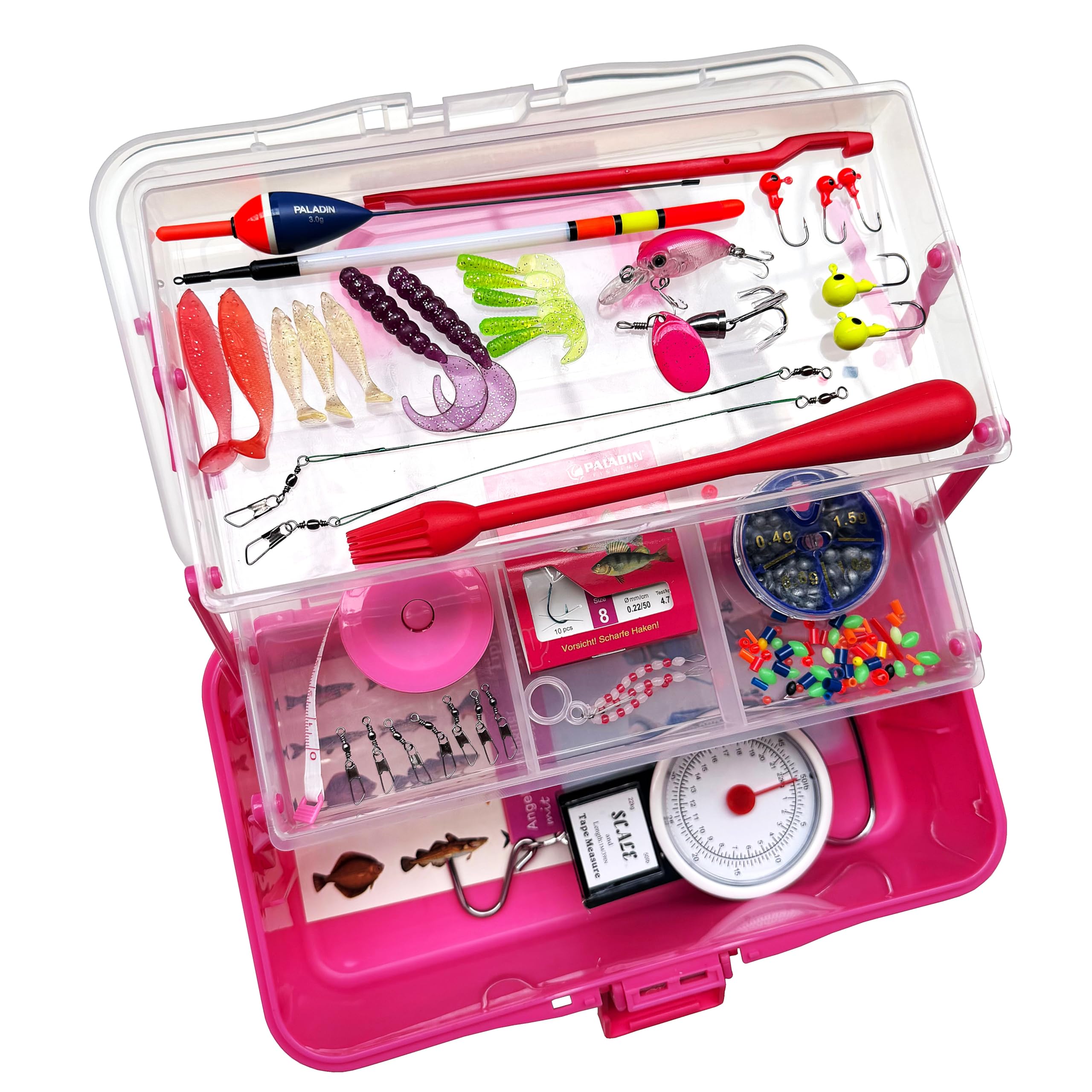 Kinderangelkoffer Pink 109 Teile – Angelset für Kinder mit Zubehör, Einsteiger Angelkoffer mit Ködern, Haken, Posen für Forelle, Barsch & Weißfische, Komplettset Anfänger