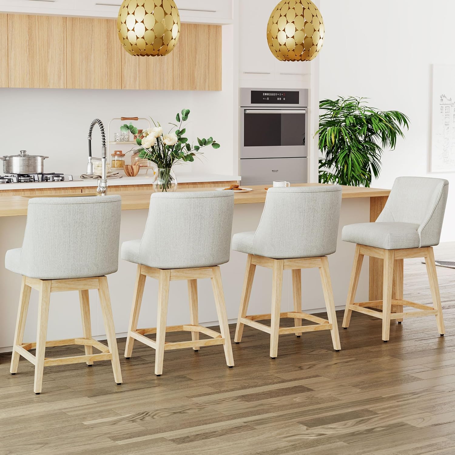 Counter Height Bar Stools Set of 2, Modern Swivel Barstools with Back and Wood Legs, Linen Fabric Upholstered Counter Height Stools, 26" H Kitchen Island Stools, Home Bar, Pub, Ivory