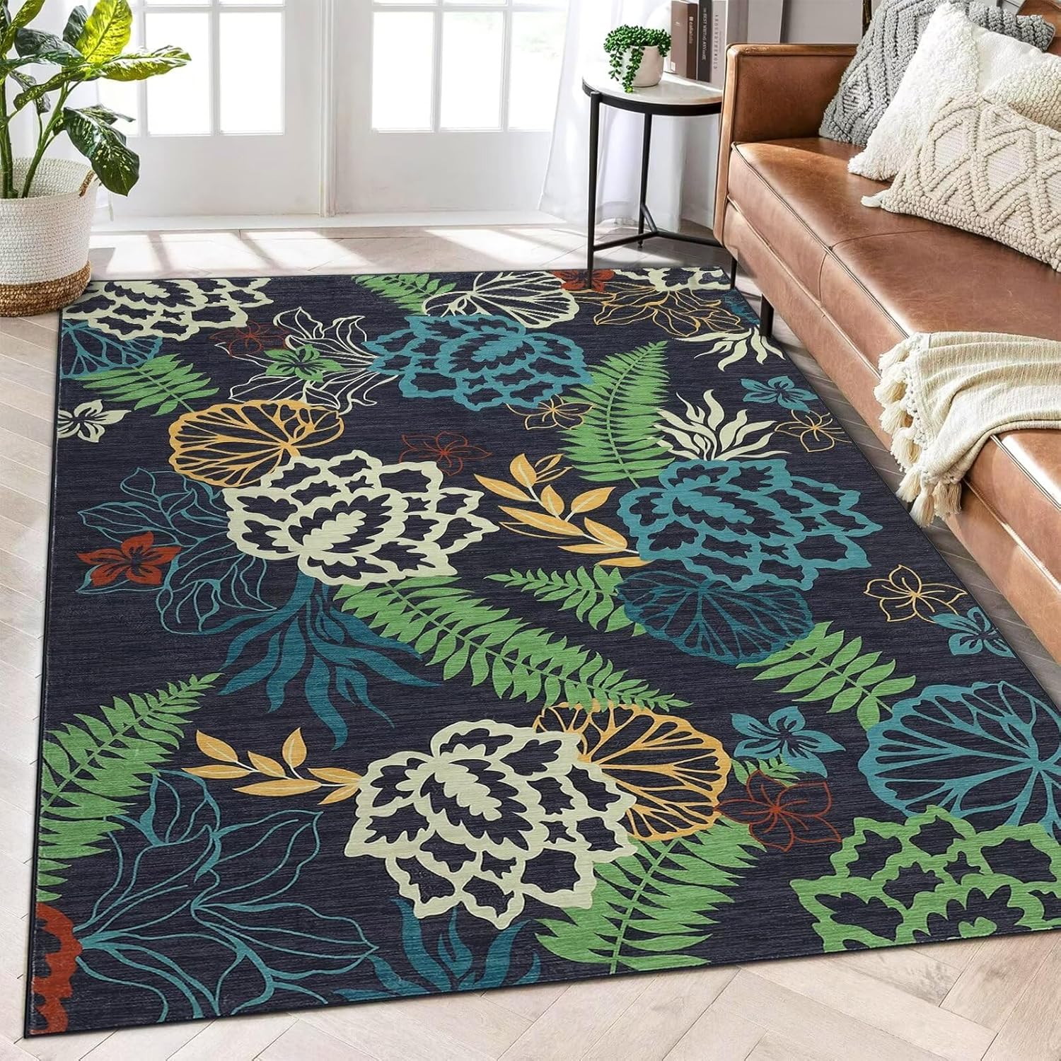 IMINROME Runner Rug 2x6 Floral Washable Kitchen Runner Rugs Modern Farmhouse Easy-Cleaning Hallway Rug with Rubber Backing Non Shedding Carpet for Laundry Room, Green/Grey