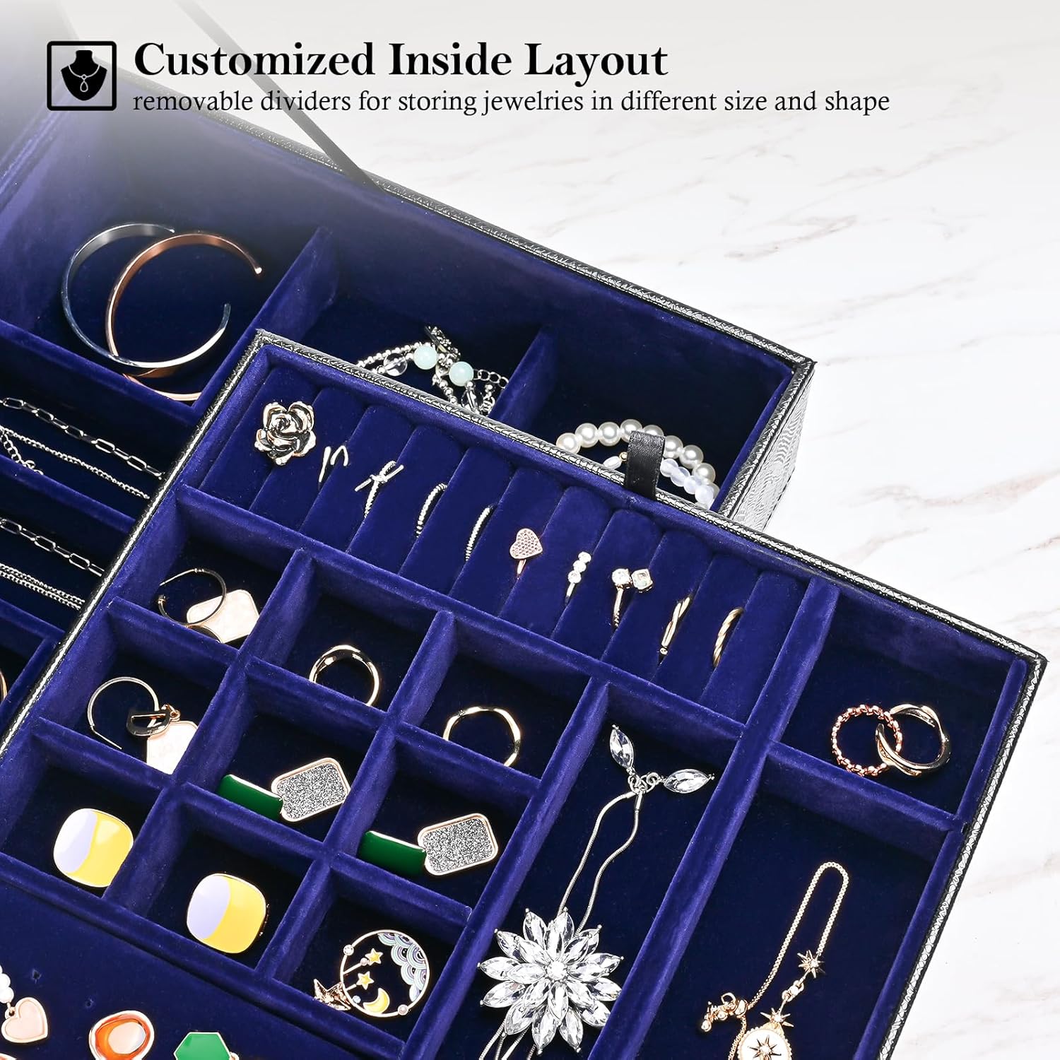 ProCase Jewelry Box for Women, 2 Layers Large Leather Jewelry Organizer Storage Case with Removable Pad for Earrings -Lizardblack