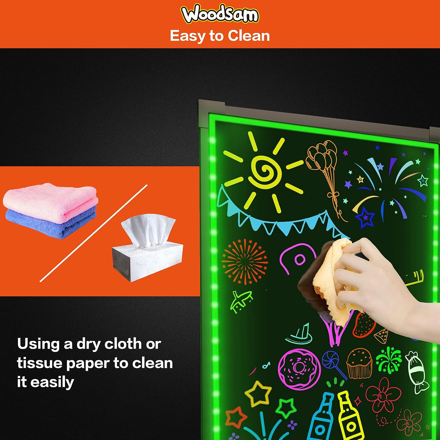 Woodsam LED Drawing Painting Board - 24" x 16" Erasable Non Porous Glass Surface with 8 Fluorescent Window Markers-Best for Chalkboard Blackboard Whiteboard Bulletin/Letter/Spelling/Display/Menu Board, view 4