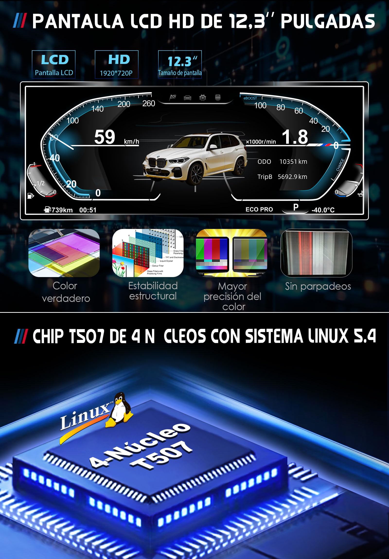 10" HD LCD Cuadro de Instrumentos Digital Pantalla para BMW Serie 1 F20/F50, Serie 2 F22/F45, X1 F48/F49, X2 F39, Digital Instrument Cluster, Velocímetro Digital, 5 UI, Plug & Play, Control Volante