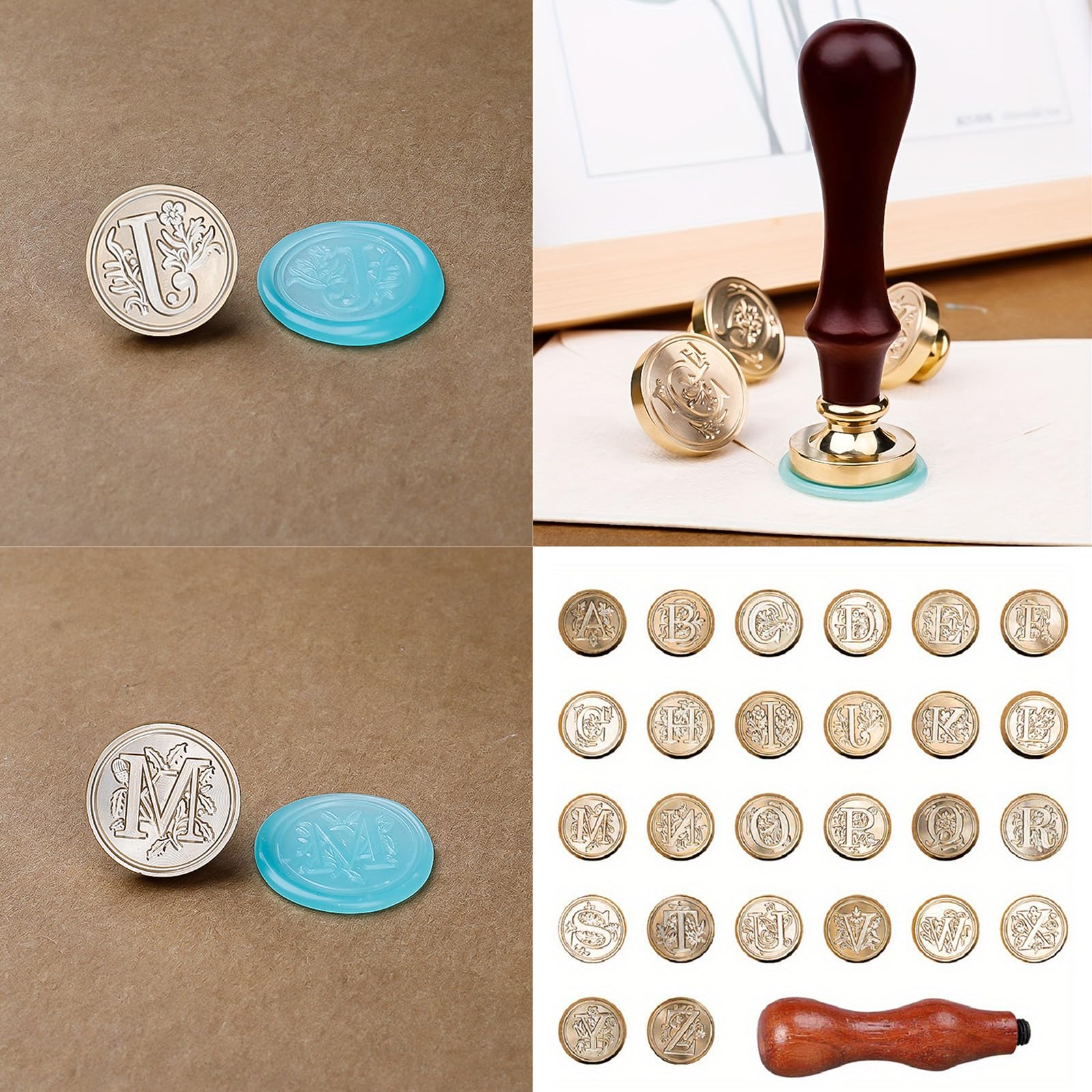 Timbri con sigillo ceralacca, sigilli rame con timbro per ceralacca + impugnatura in legno, set kit sigilli con lettere alfabetiche vintage