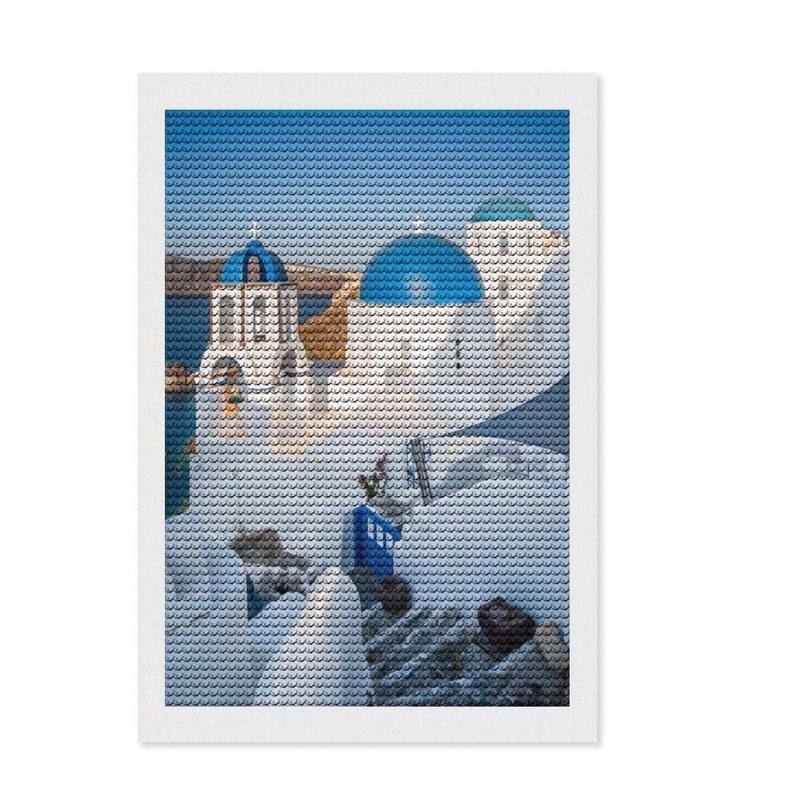 Junmoney Oia Town Santorini Greece Diamond Style Art Kit 8"x12", Round Gems, Mindful Craft Project, Thoughtful Present, Aesthetic Room Decor