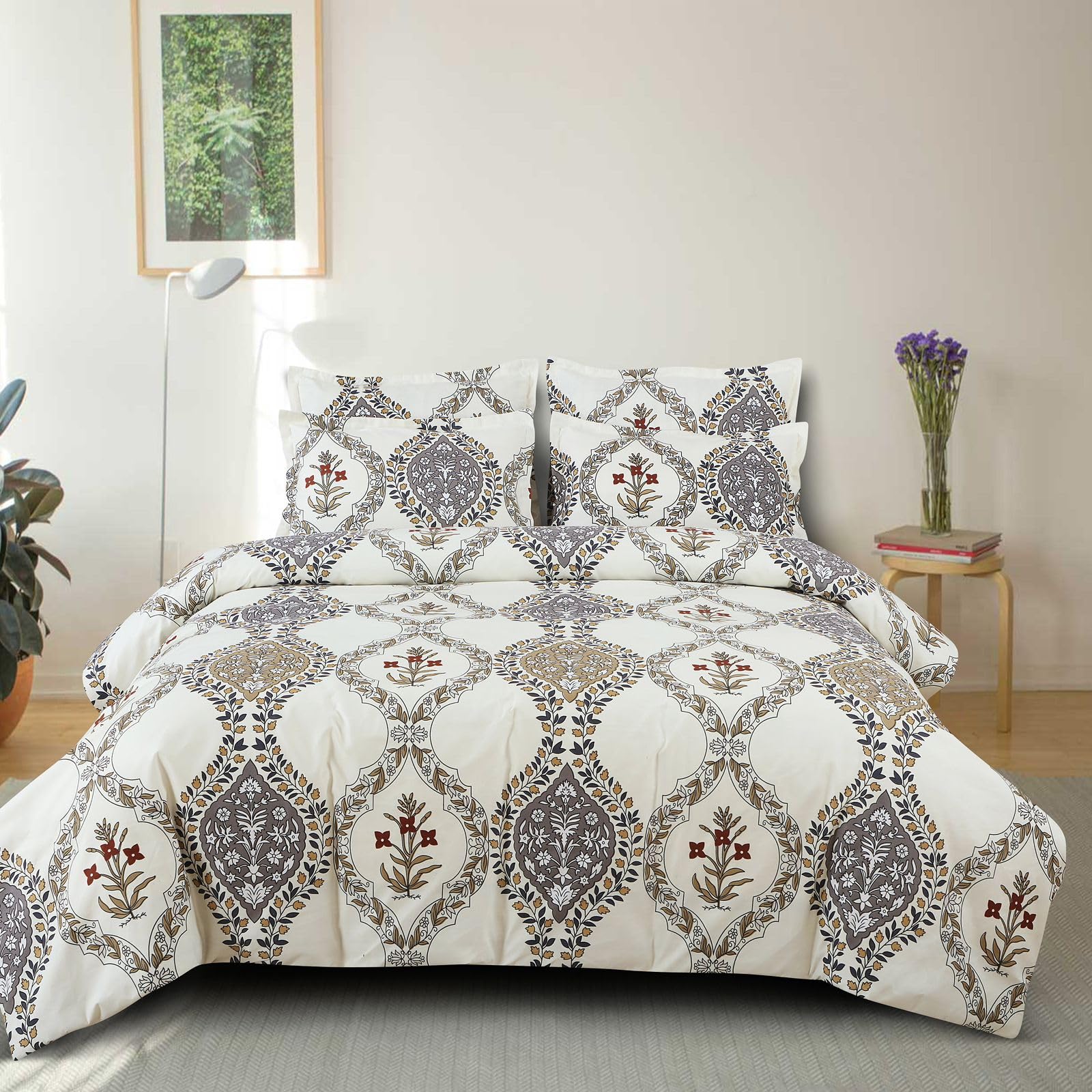 THE HOME STYLE Cotton Feel Glace Cotton Elastic Fitted Printed Double Bed King Size Bedsheet With 2 Pillow Cover 300 TC Fits Upto 8 Inches Mattress (72"X72", Breeze Pearl)