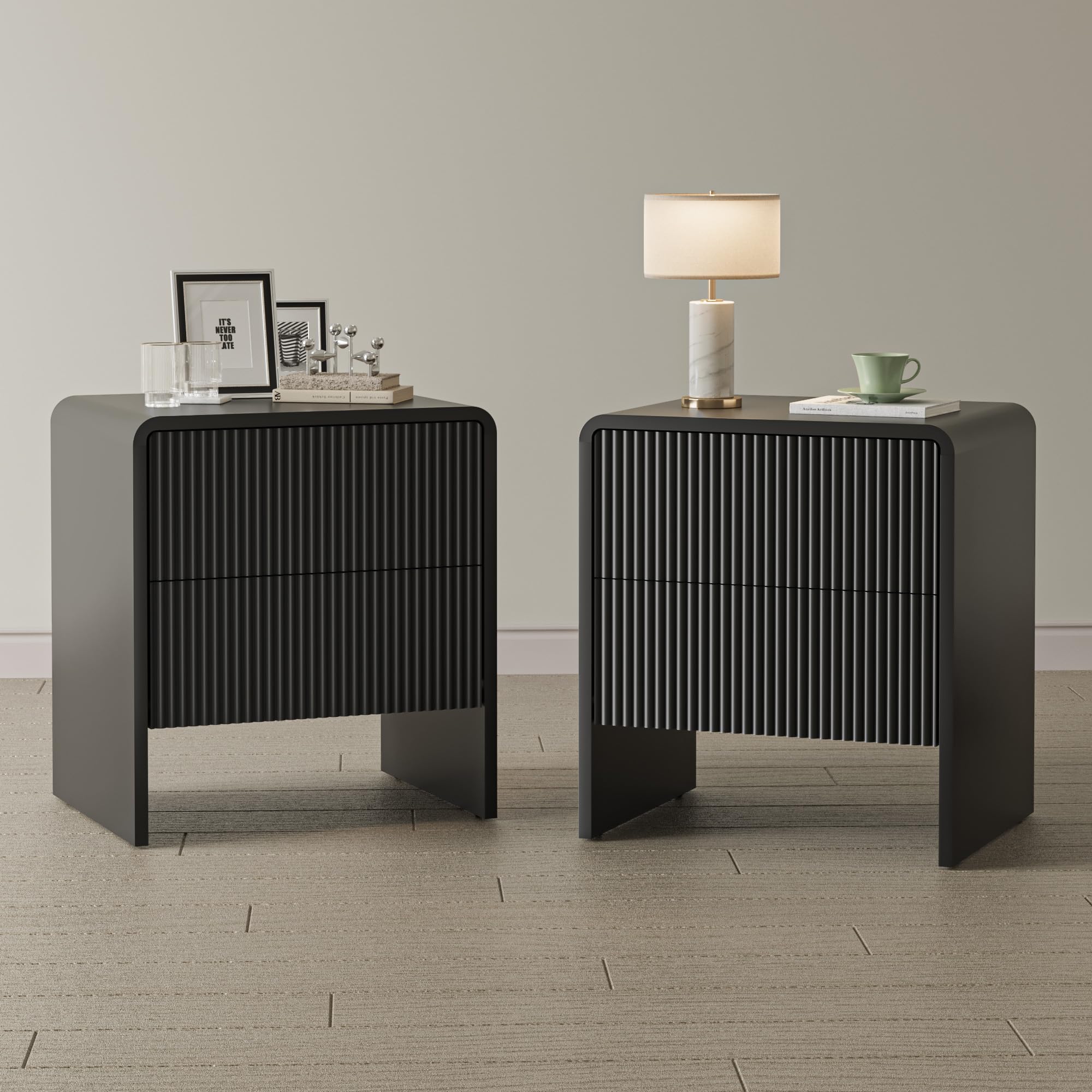 Set of 2 Curved Nightstand with 2 Drawers, Wooden Bedside Table with Push to Open Storage, Modern End Table for Bedroom, Black