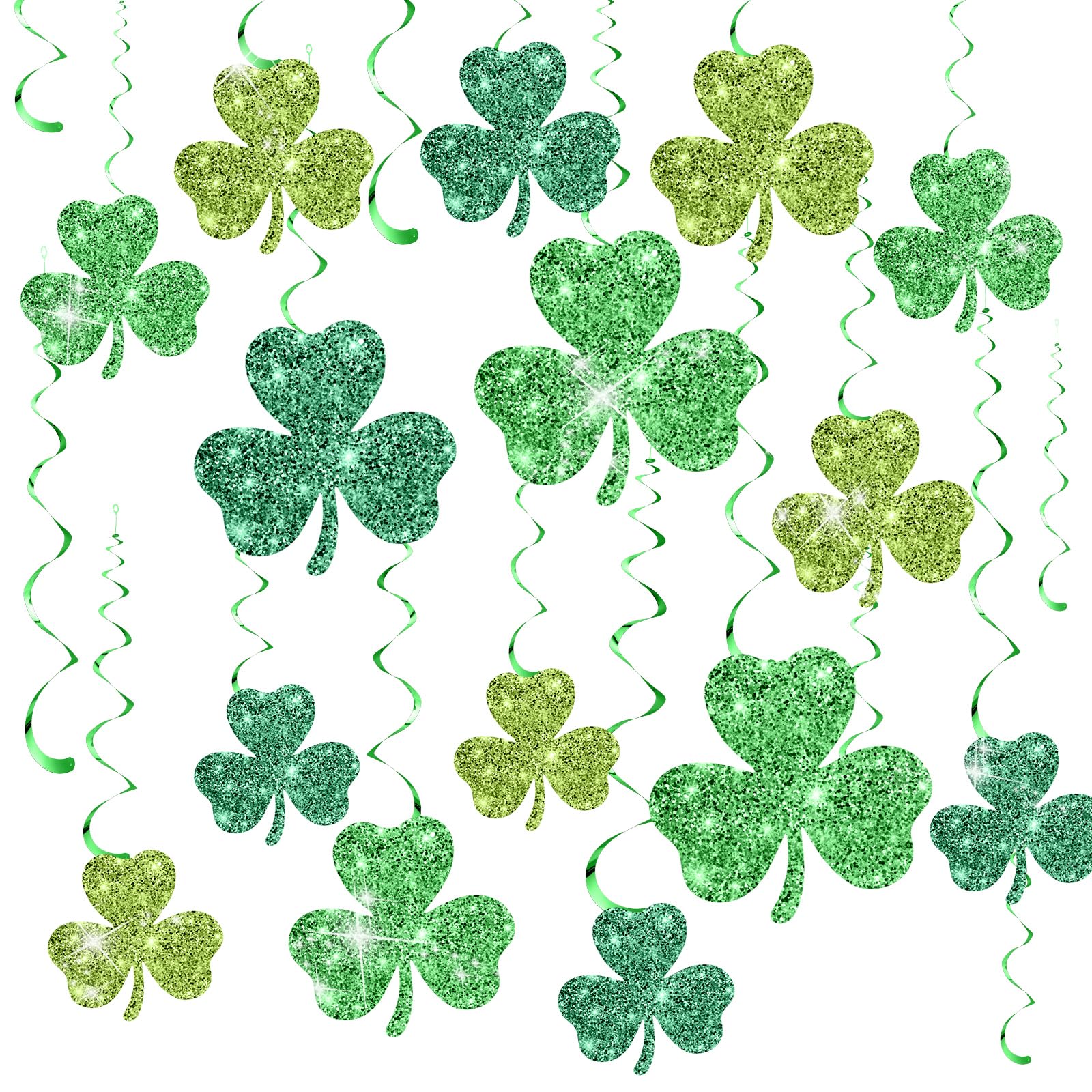 Photo 1 of Chivertion 32 Pcs St. Patrick's Day Party Decorations Double-Sided Glitter Green Shamrock Hanging Swirls Decor Streamer Ceiling Swirl for Lucky Irish Day Party Supplies Photo Prop Decoration