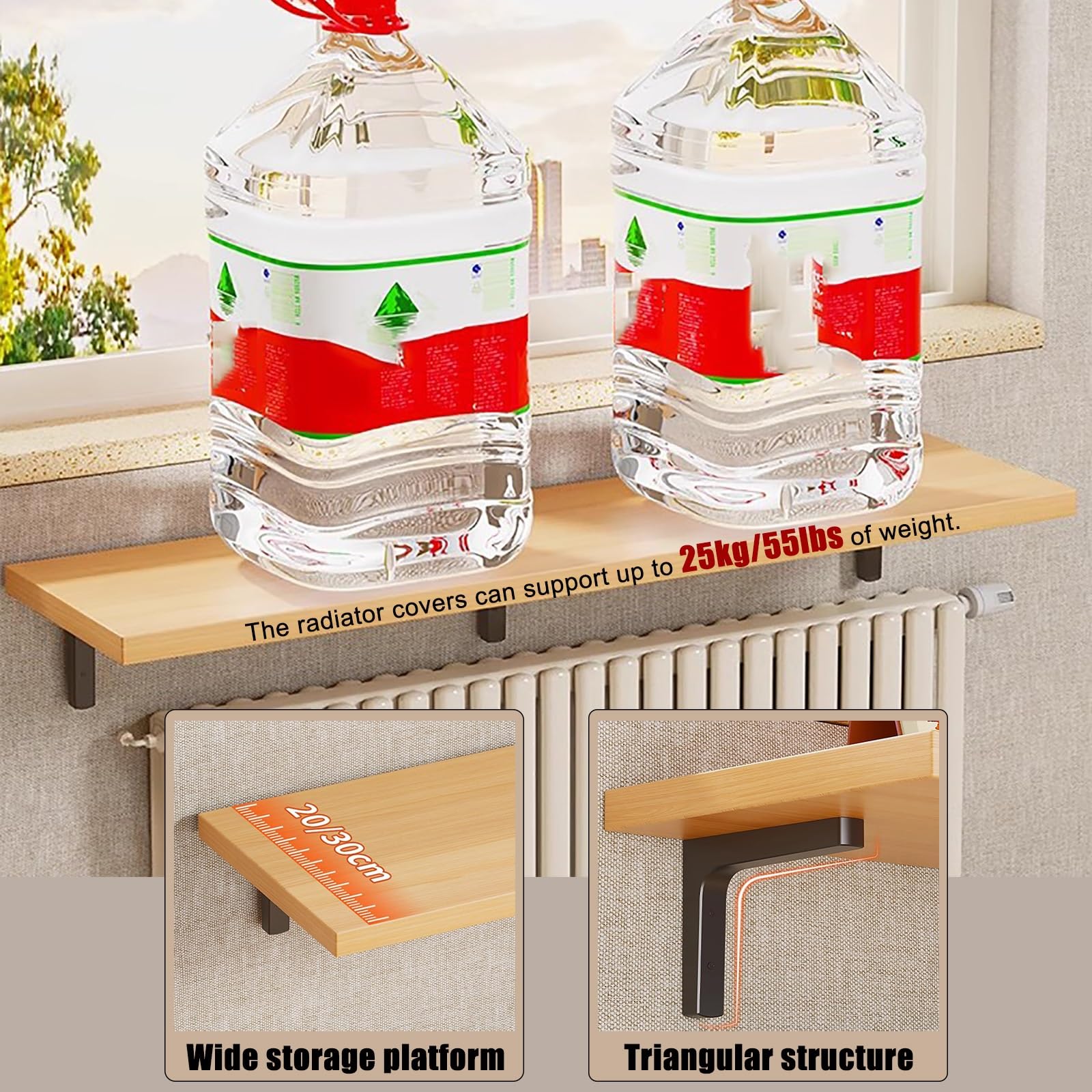 Mensola Superiore Rettangolare In Legno per Termosifone, Mensola Espositiva a Parete, Copri Termosifone Sopra il Termosifone, Supporto Triangolare, per Soggiorno/cucina(Brown,60 * 30cm/24 * 12in)