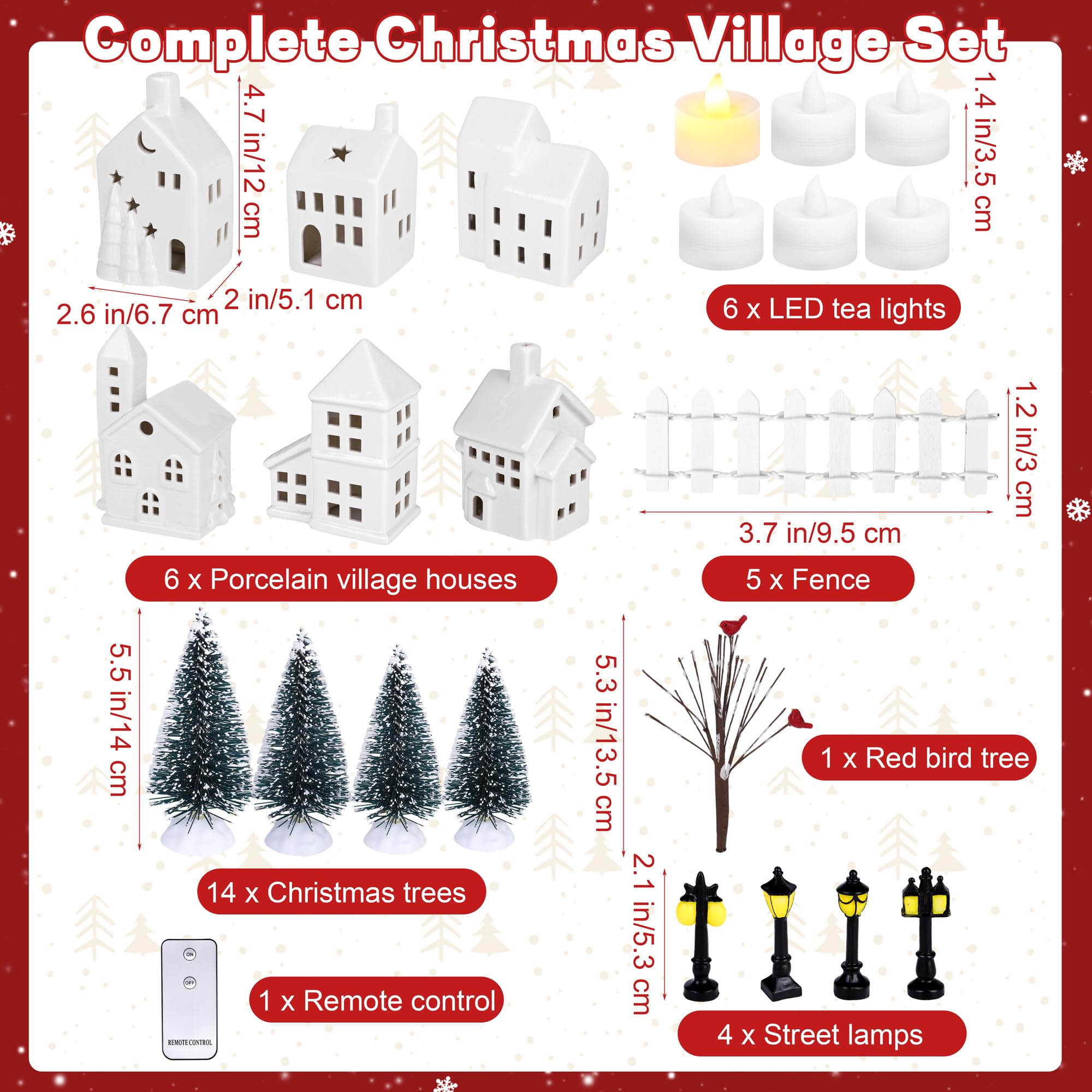 Fovths Lot de 37 pièces de village de Noël en porcelaine - 6 maisons lumineuses en céramique avec bougies chauffe-plat LED télécommandées - 14 arbres, clôtures, lampadaires - Accessoires de village