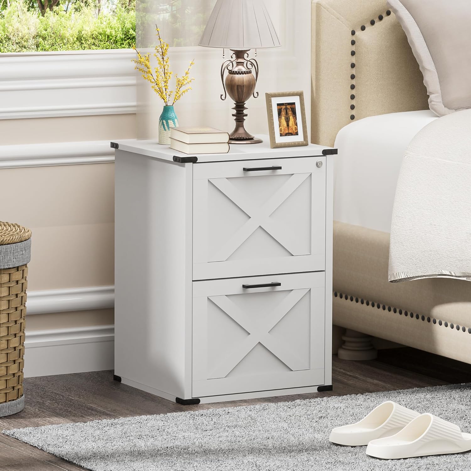 Onelike Small Wood File Cabinet with Lock, Nightstand with Charging Station, 2 Drawer Under Desk Lateral Filing Cabinets for Home Office, Printer Stand with Storage, White