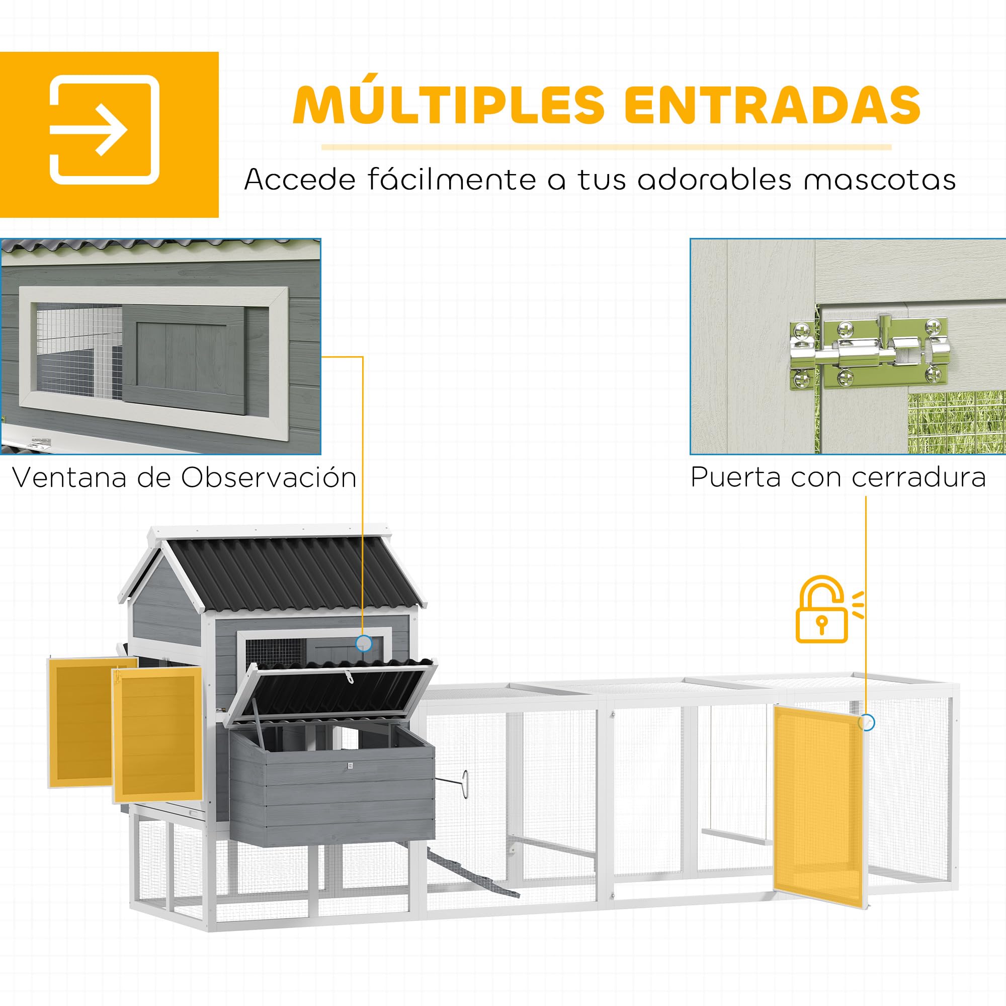 PawHut Gallinero Jaula para 10-15 Gallinas 315,5x150,5x140,5 cm Gris | para Exterior, de Madera, Grande, con Perchas, Columpio, Rampa, Bandeja Extraíble