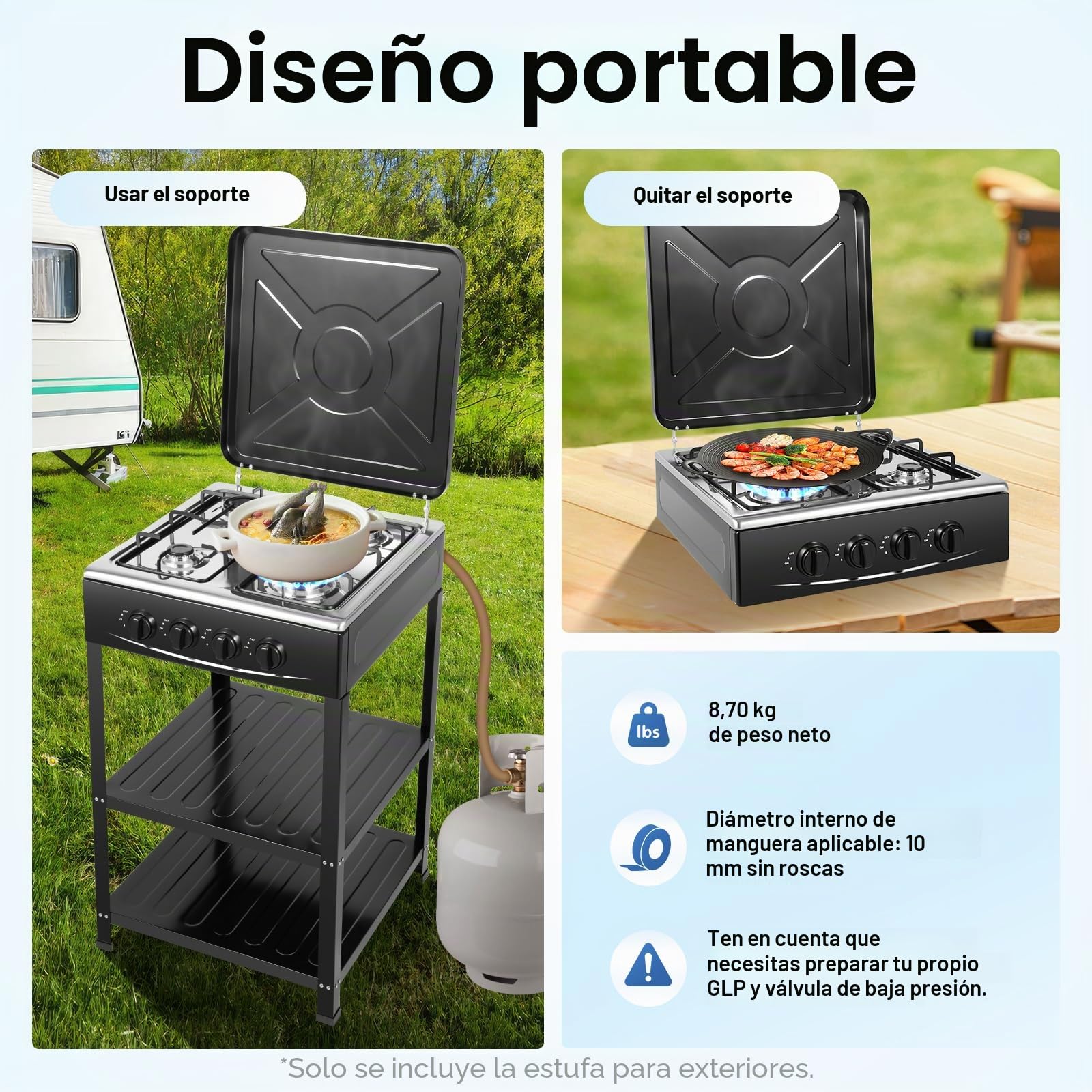 Hornillo de gas con 4 fuegos para bombona de gas para exteriores, estufa de gas con cubiertas de fuego, color negro, estufa de gas con soportes de hierro, puede actividades al aire libre como camping