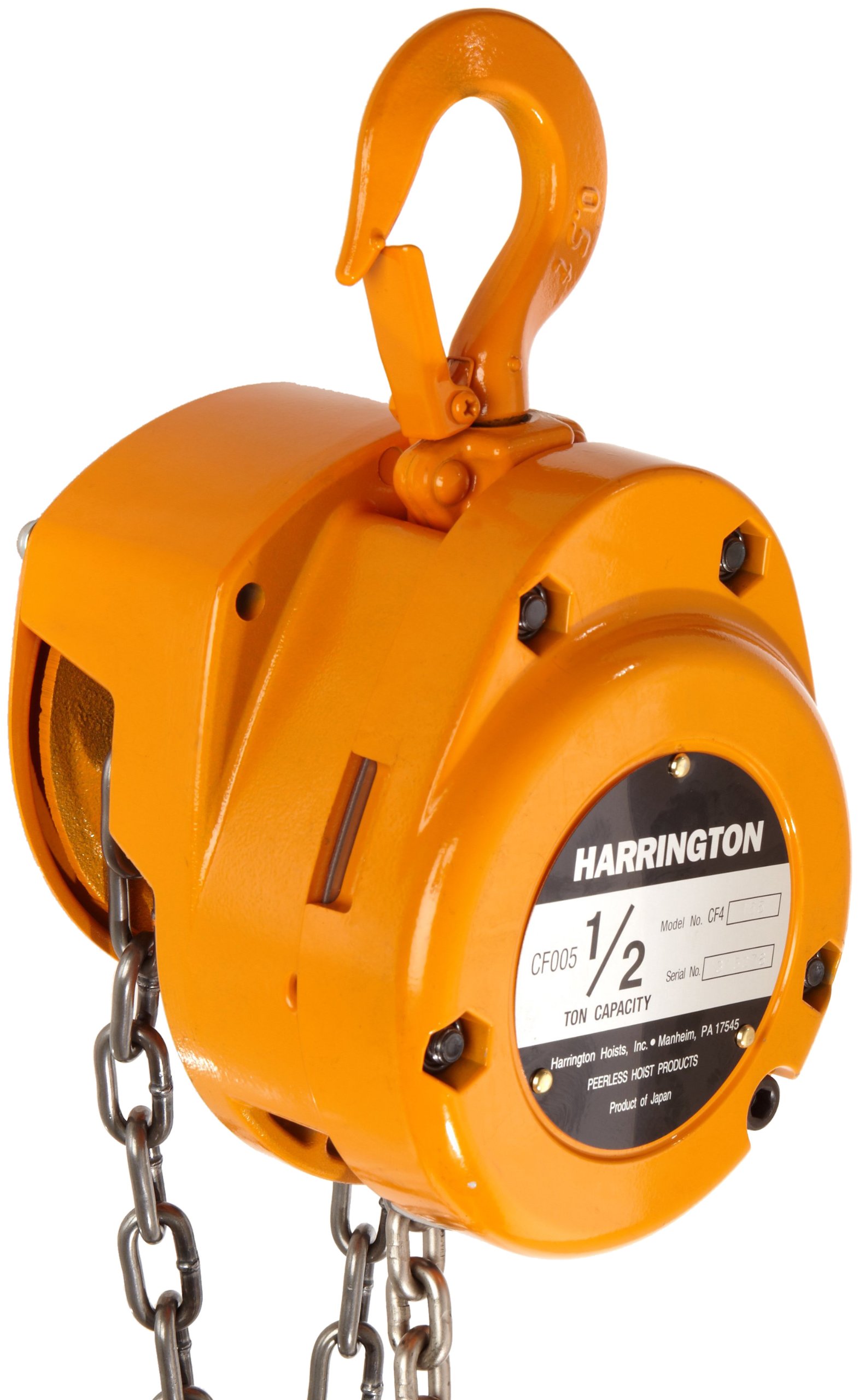 CF Hand Chain Hoist, Hook Mount, 1/2 Ton Capacity, 10' Lift, 12.8" Headroom, 1.1" Hook Opening